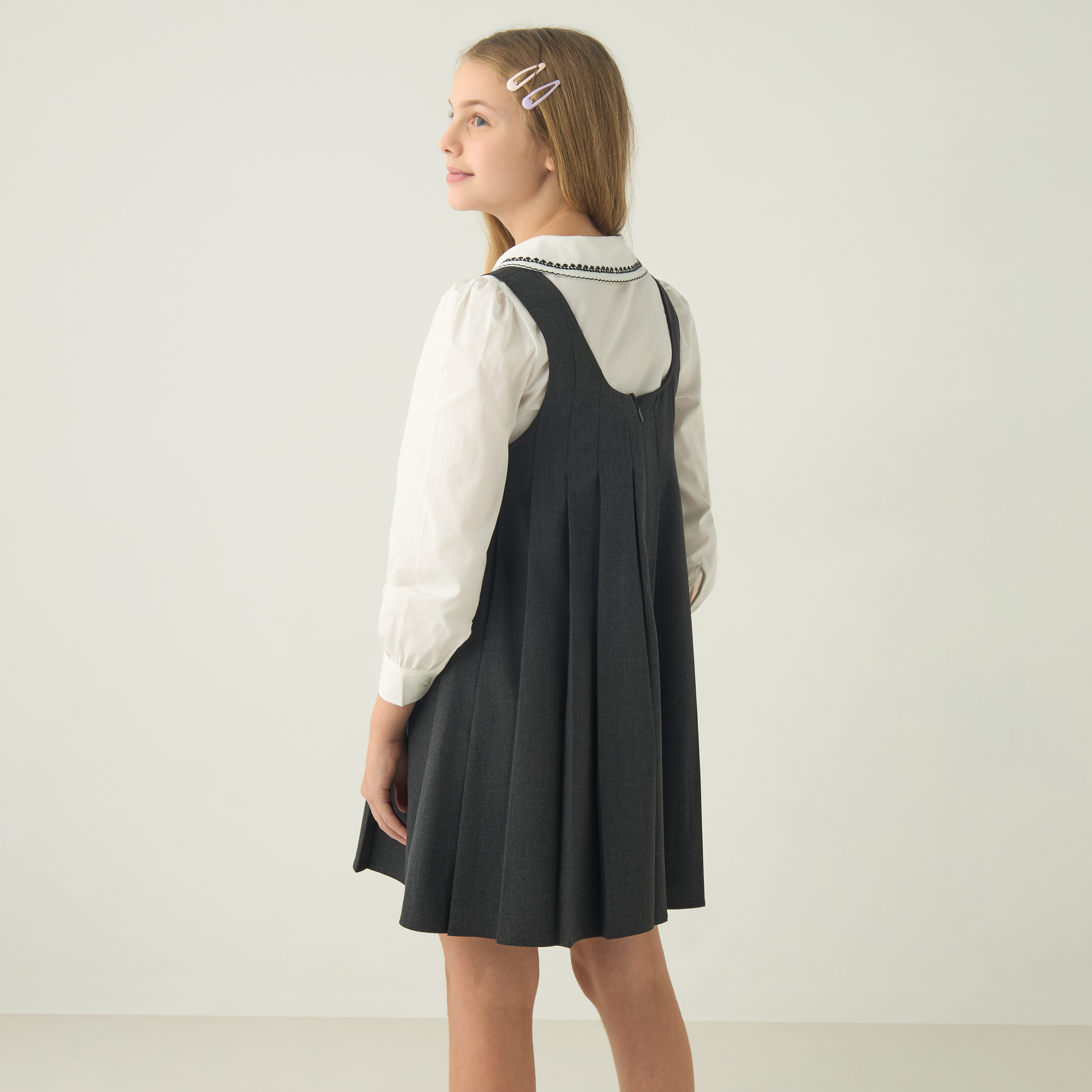 Eligo Solid A-line Pinafore Dress with Embroidered Long Sleeves Shirt-girls-clothing-dressesandjumpsuits-image-3