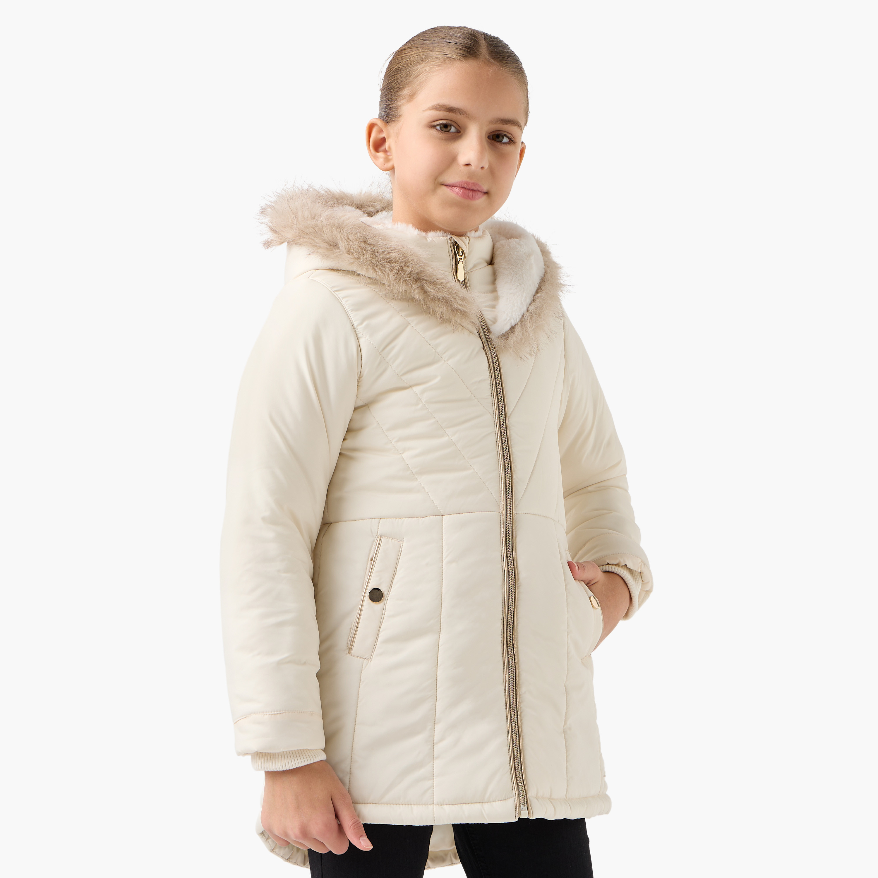 Buy Eligo Solid Heavy Jacket with Faux Fur Hood and Pockets Online Babyshop Kuwait