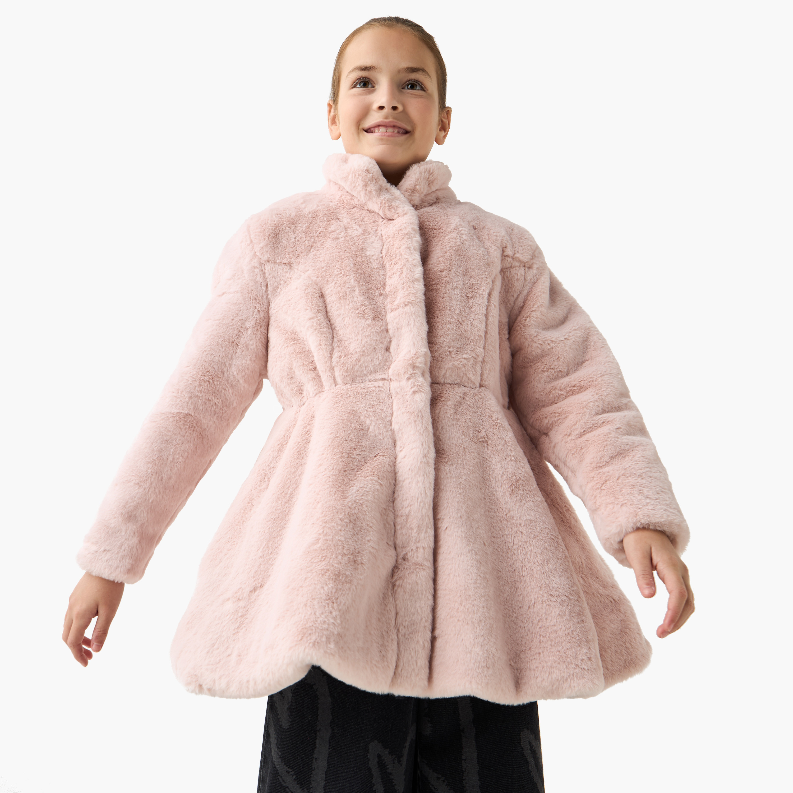 Eligo Faux Fur Textured Longline Jacket with Long Sleeves and Pockets-girls-clothing-winterwear-jacketsandcoats-image-1