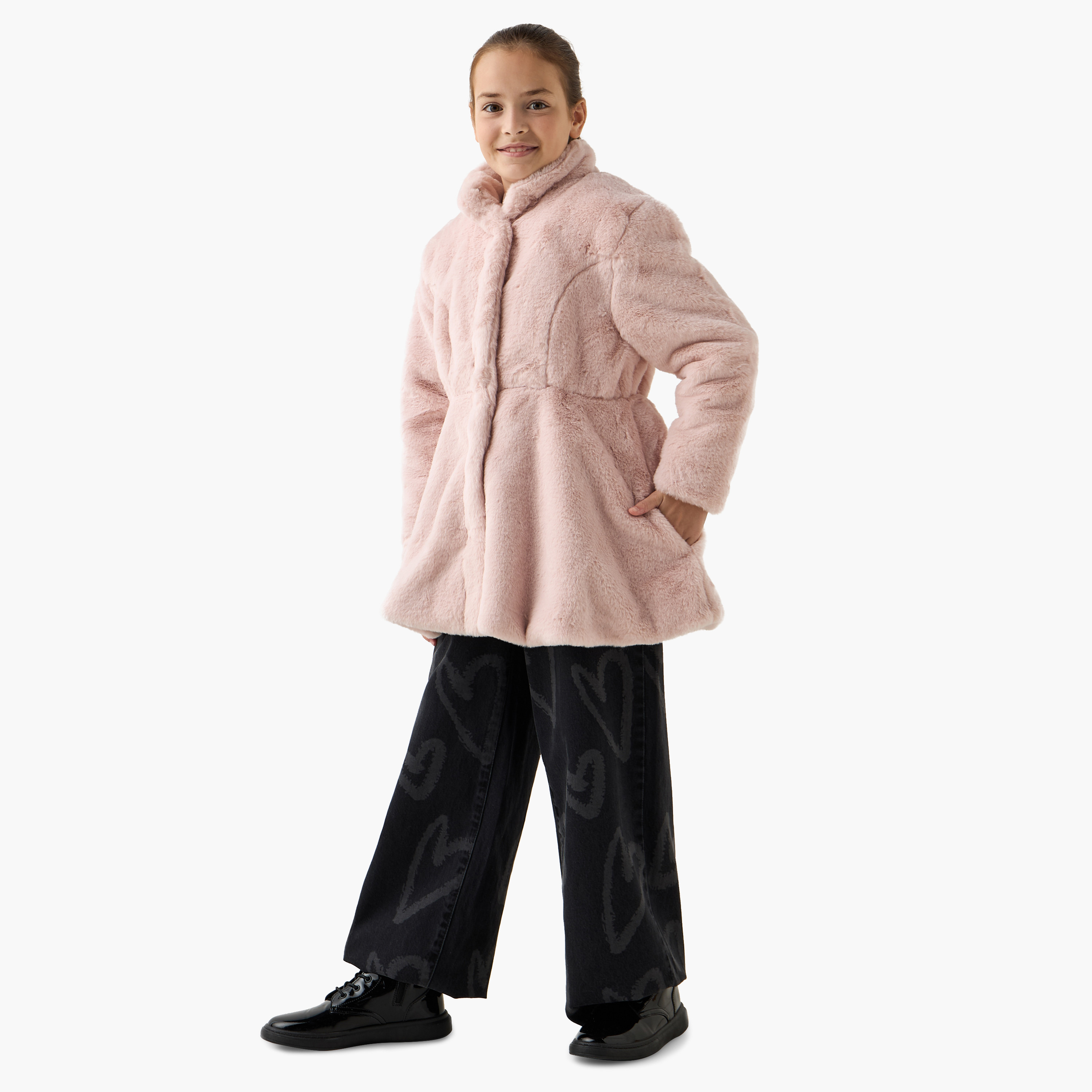 Eligo Faux Fur Textured Longline Jacket with Long Sleeves and Pockets-girls-clothing-winterwear-jacketsandcoats-image-2