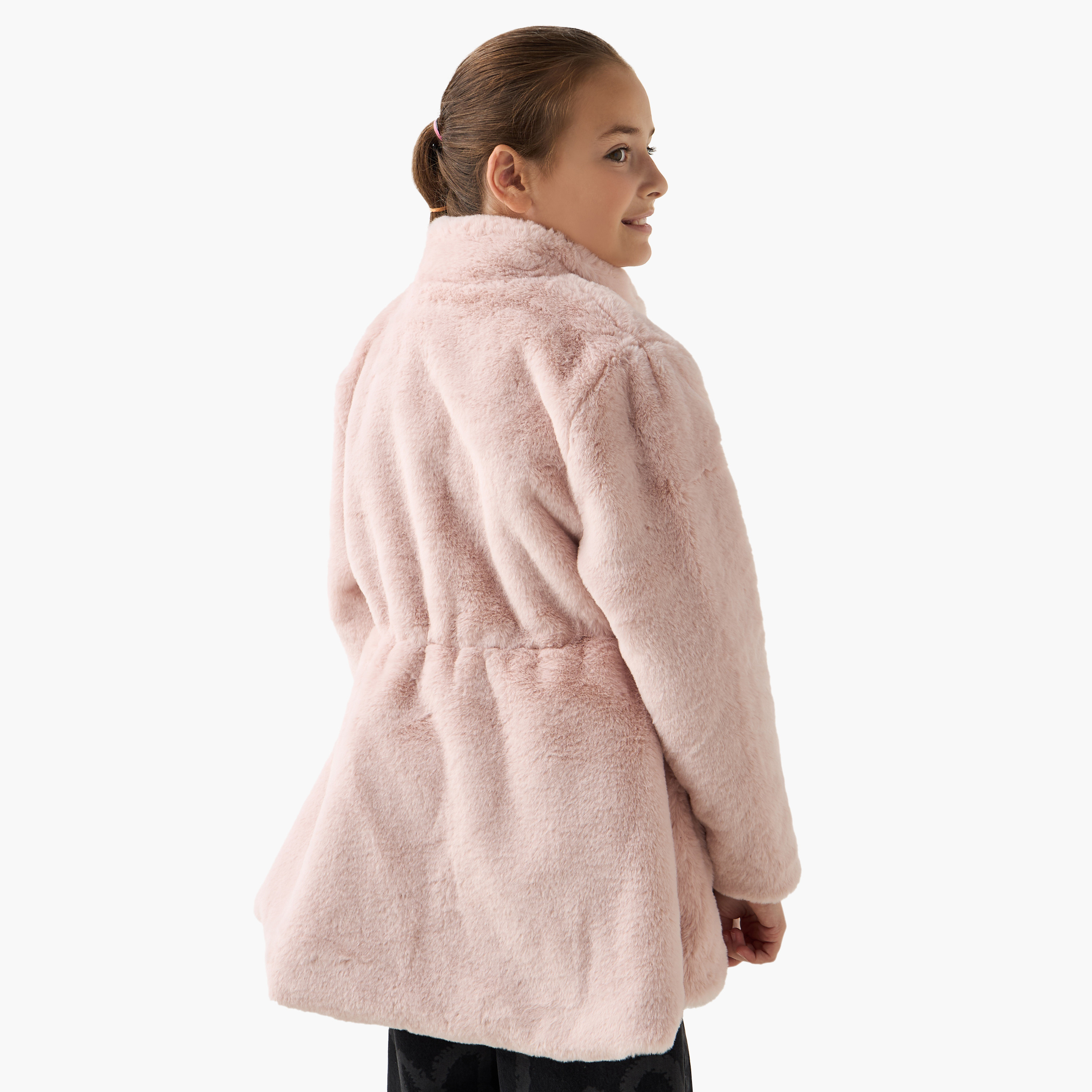 Eligo Faux Fur Textured Longline Jacket with Long Sleeves and Pockets-girls-clothing-winterwear-jacketsandcoats-image-3