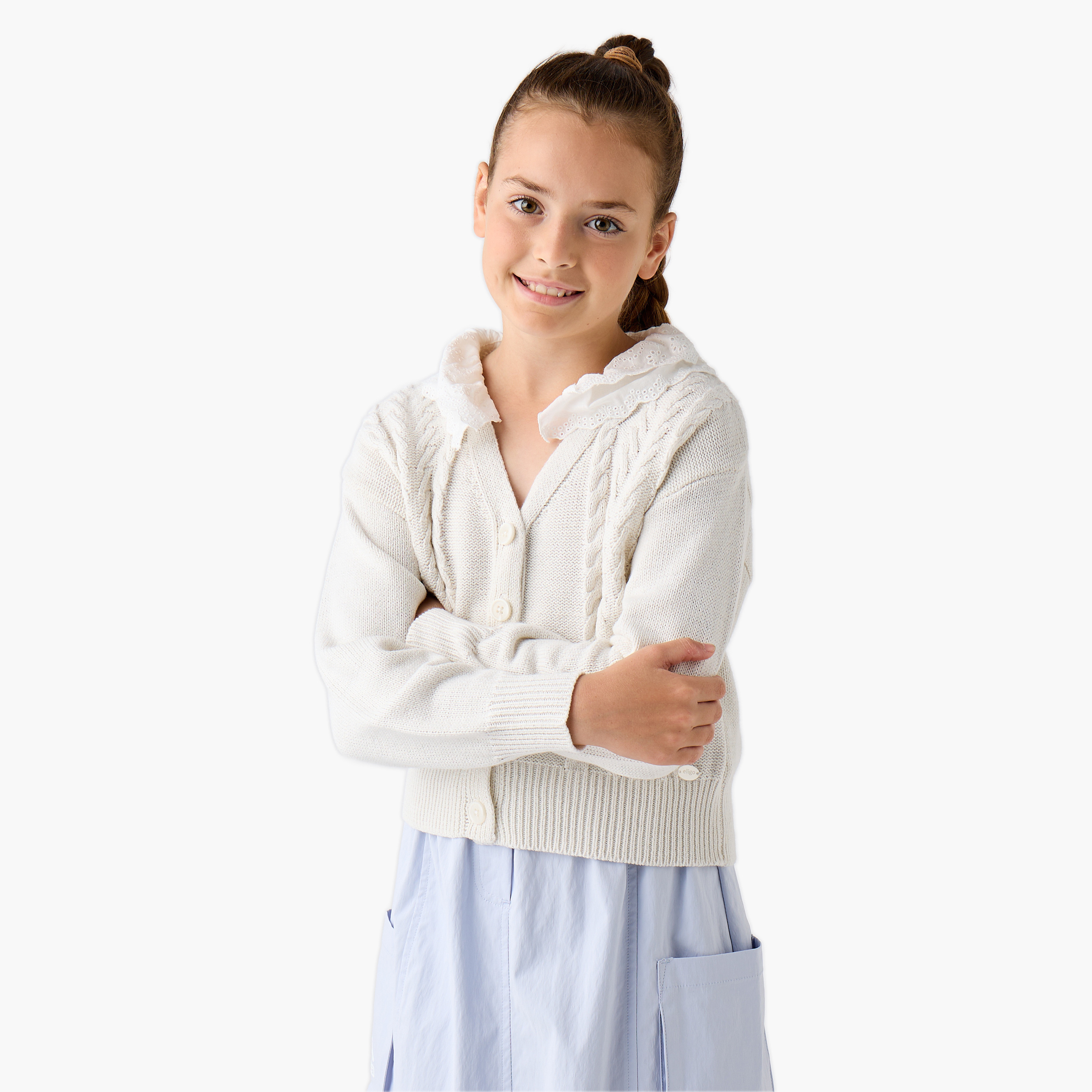 Eligo Lace Detail Button Through Cardigan with Long Sleeves-girls-clothing-winterwear-jumpersandcardigans-image-1