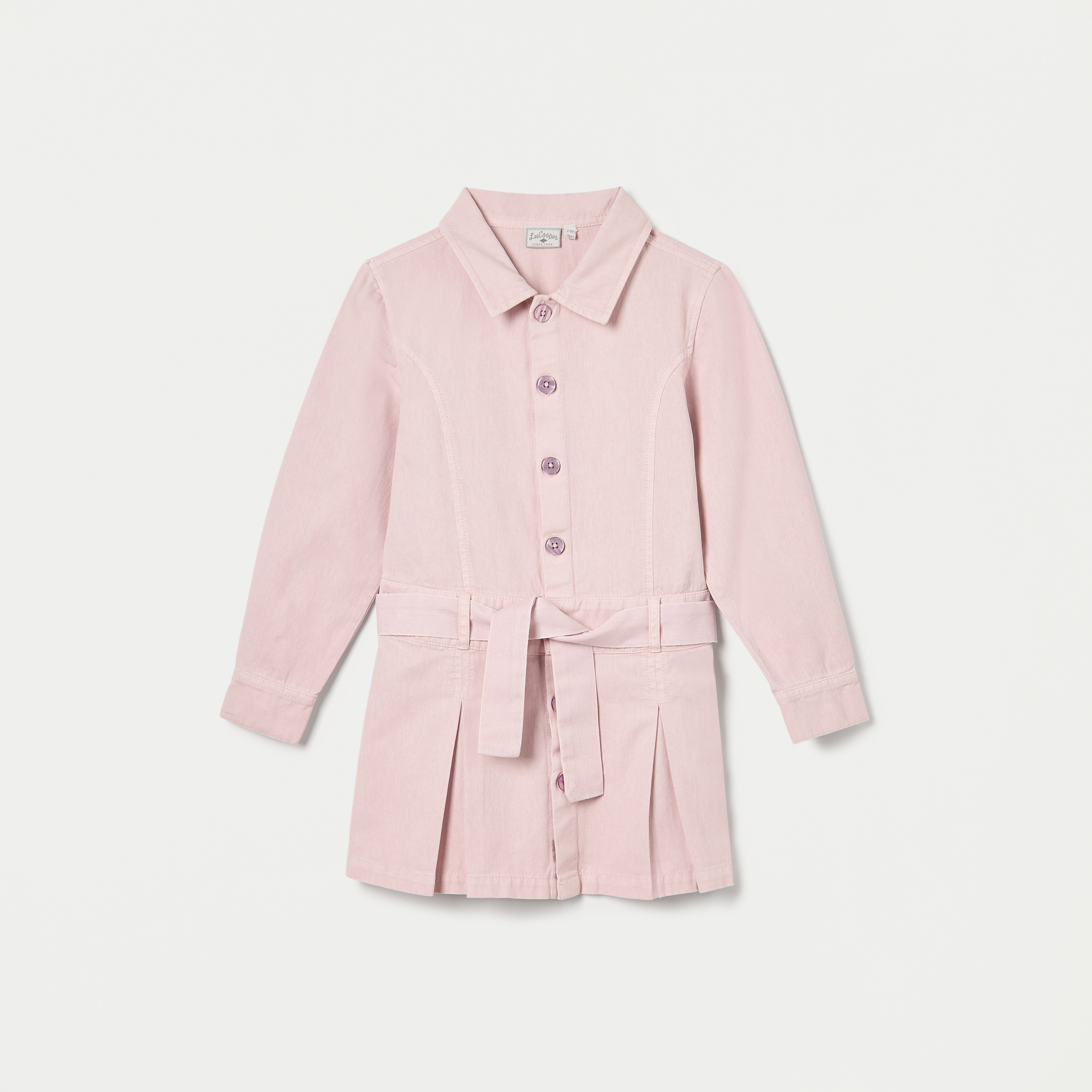 فستان قميص سادة بياقة عادية وحزام من لي كوبر-girls-clothing-dressesandjumpsuits-image-1