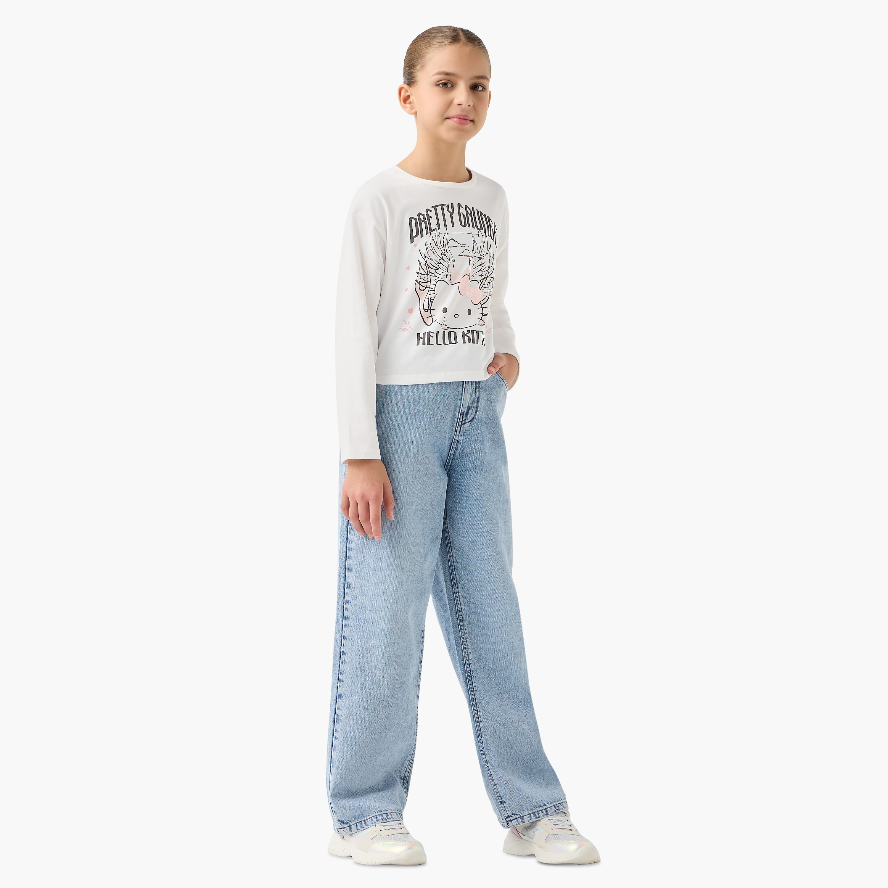 Sanrio Hello Kitty Print T-shirt with Crew Neck and Long Sleeves-girls-clothing-tshirts-image-2