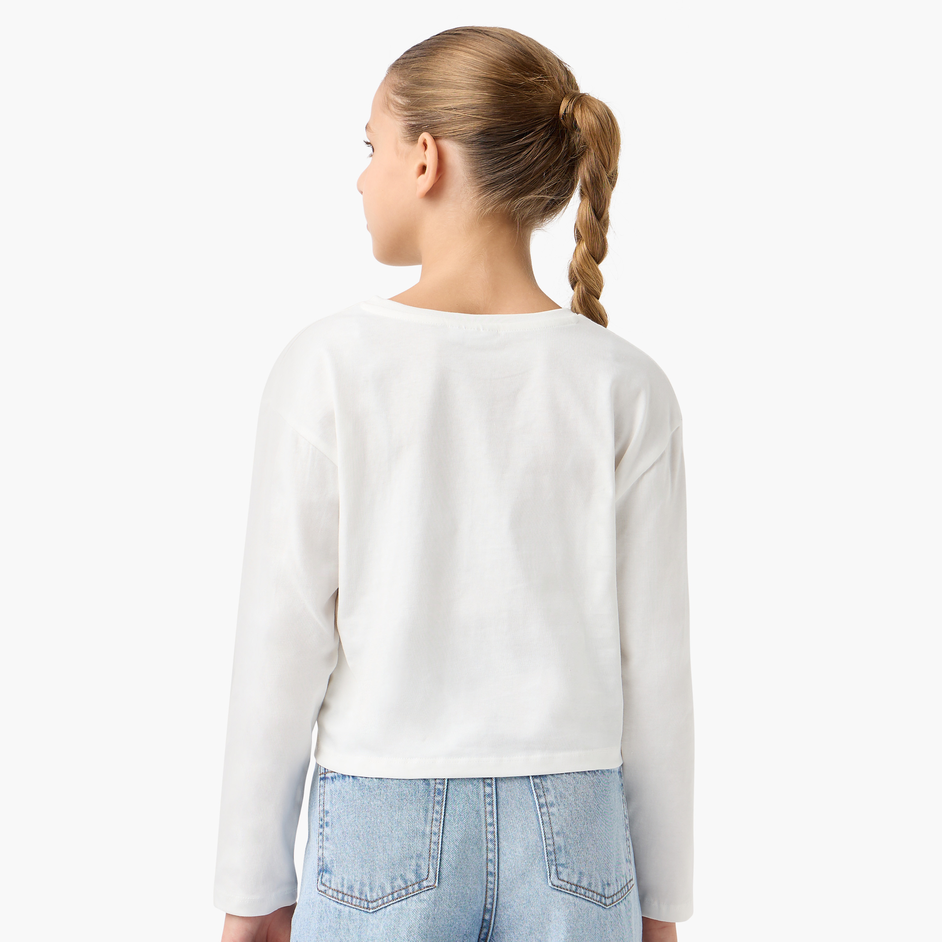 Sanrio Hello Kitty Print T-shirt with Crew Neck and Long Sleeves-girls-clothing-tshirts-image-3