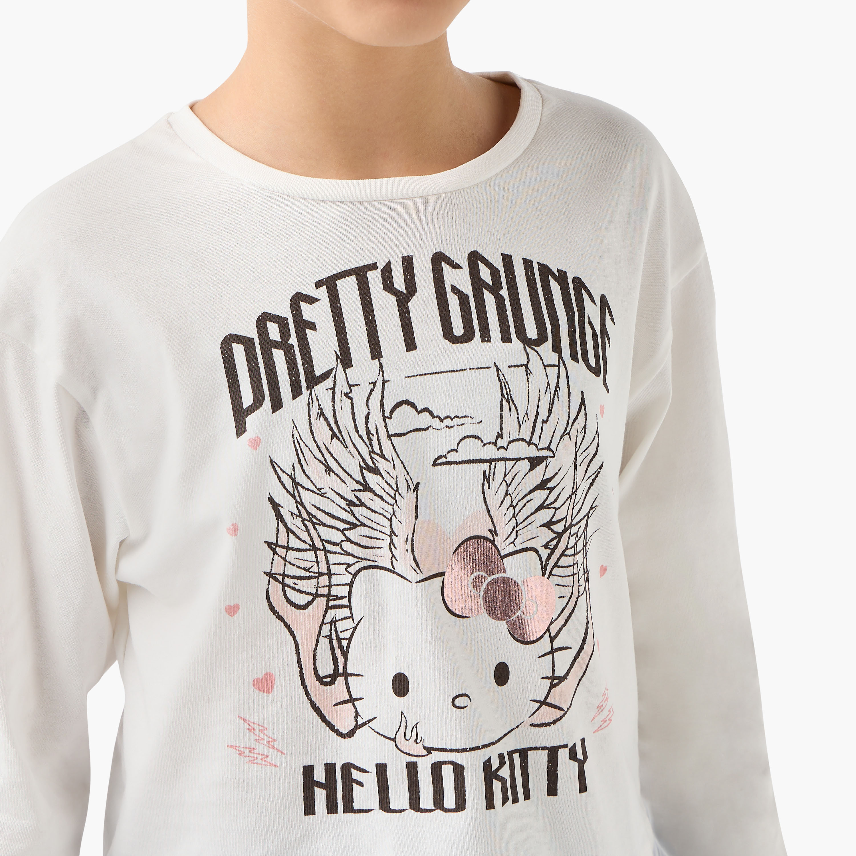 Sanrio Hello Kitty Print T-shirt with Crew Neck and Long Sleeves-girls-clothing-tshirts-image-4