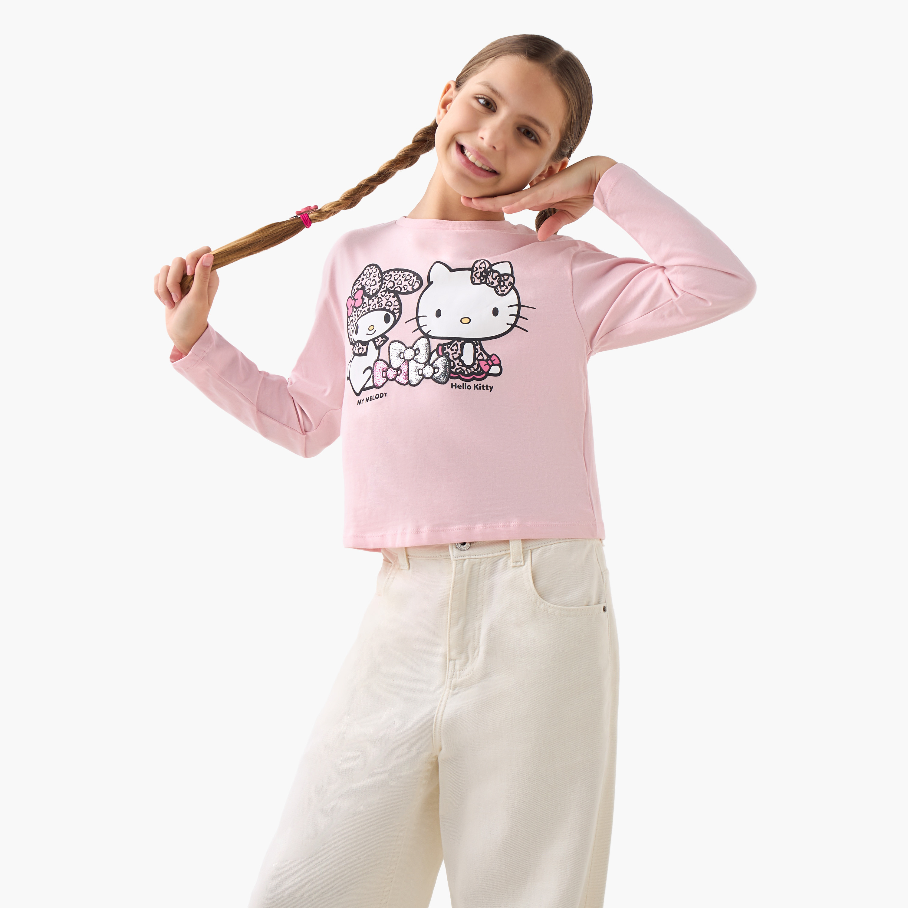 Sanrio Hello Kitty Print Crew Neck T-shirt with Long Sleeves-girls-clothing-tshirts-image-1