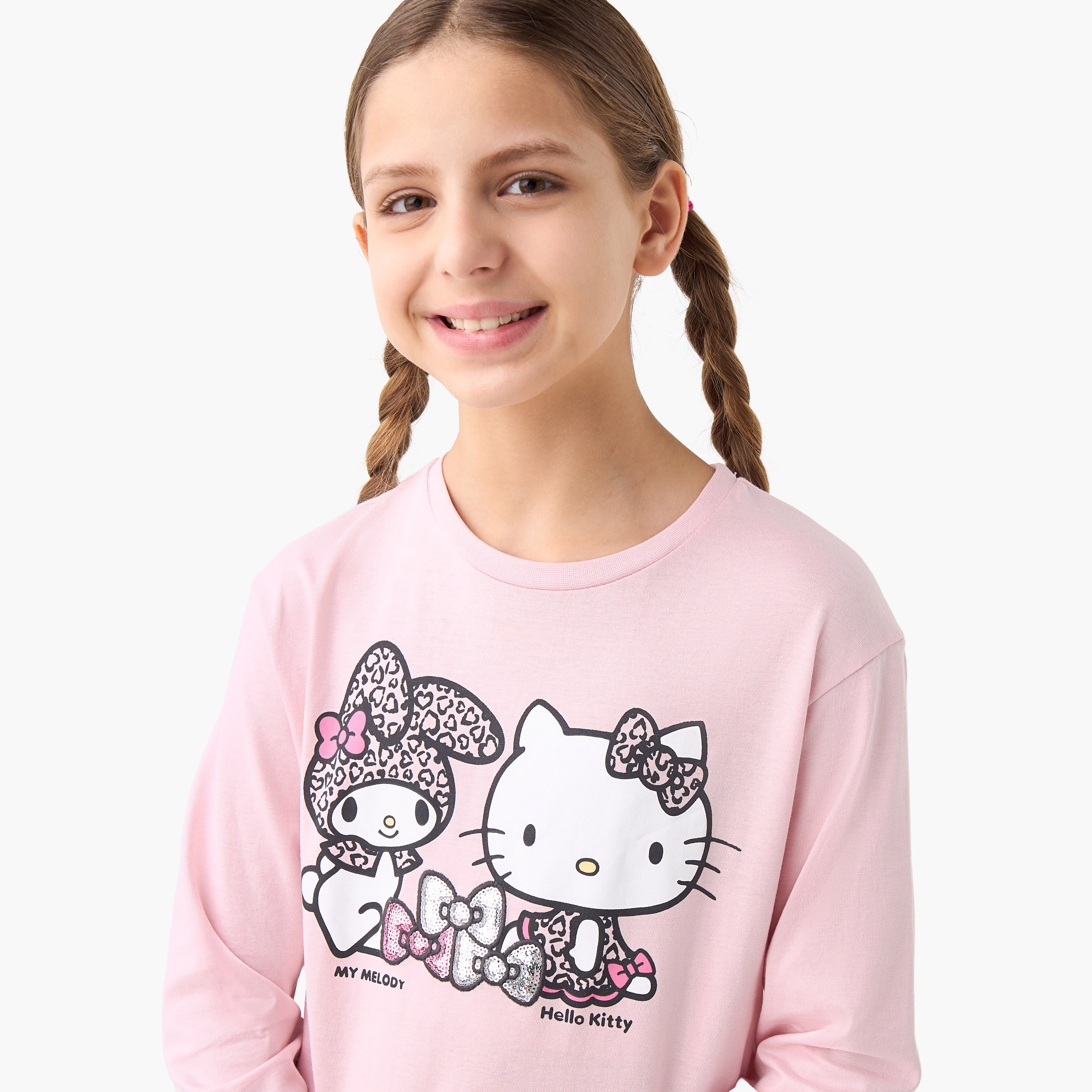 Sanrio Hello Kitty Print Crew Neck T-shirt with Long Sleeves-girls-clothing-tshirts-image-4