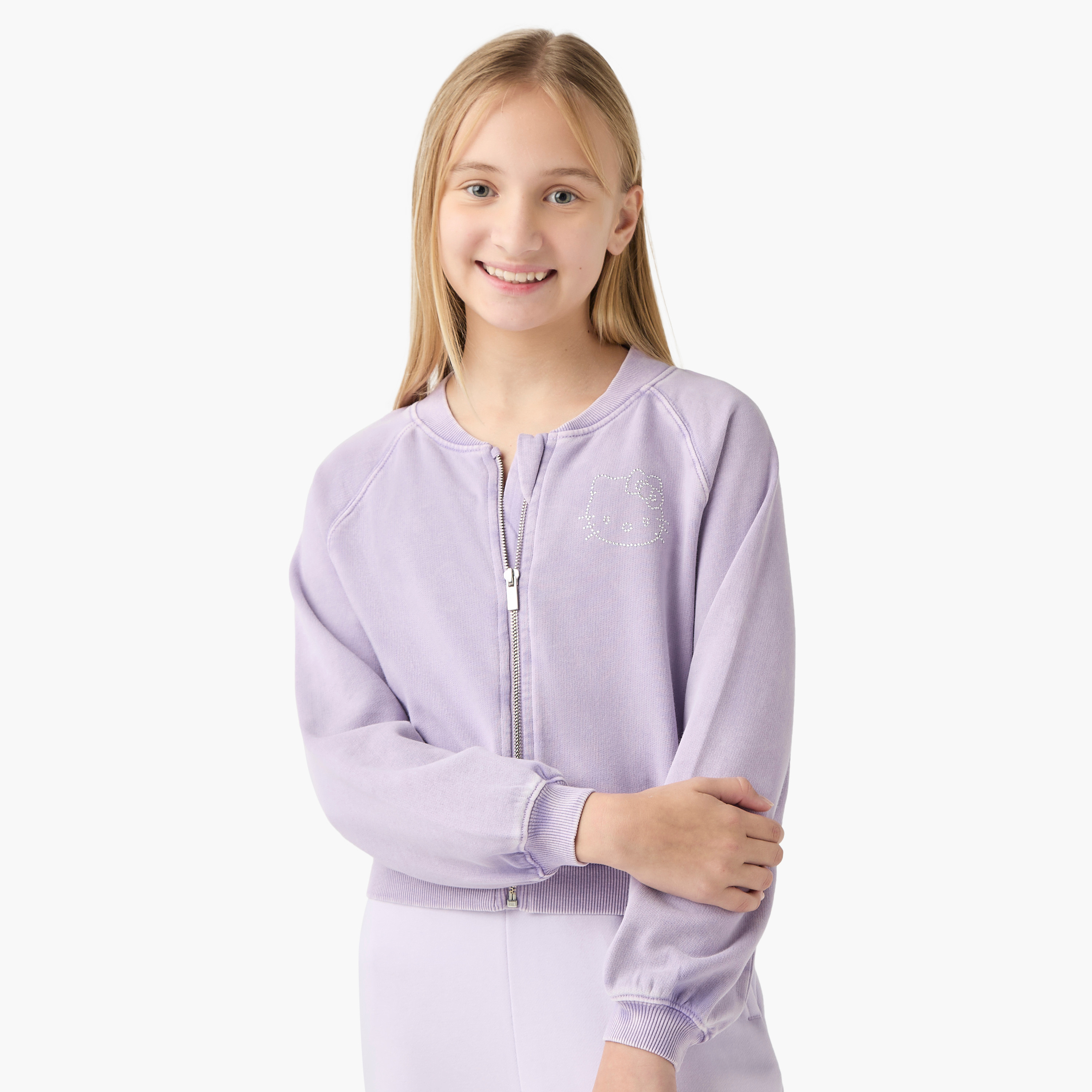 Sanrio Hello Kitty Embellished Sweatshirt with Long Sleeves and Zip Closure-girls-clothing-winterwear-sweatshirts-image-1