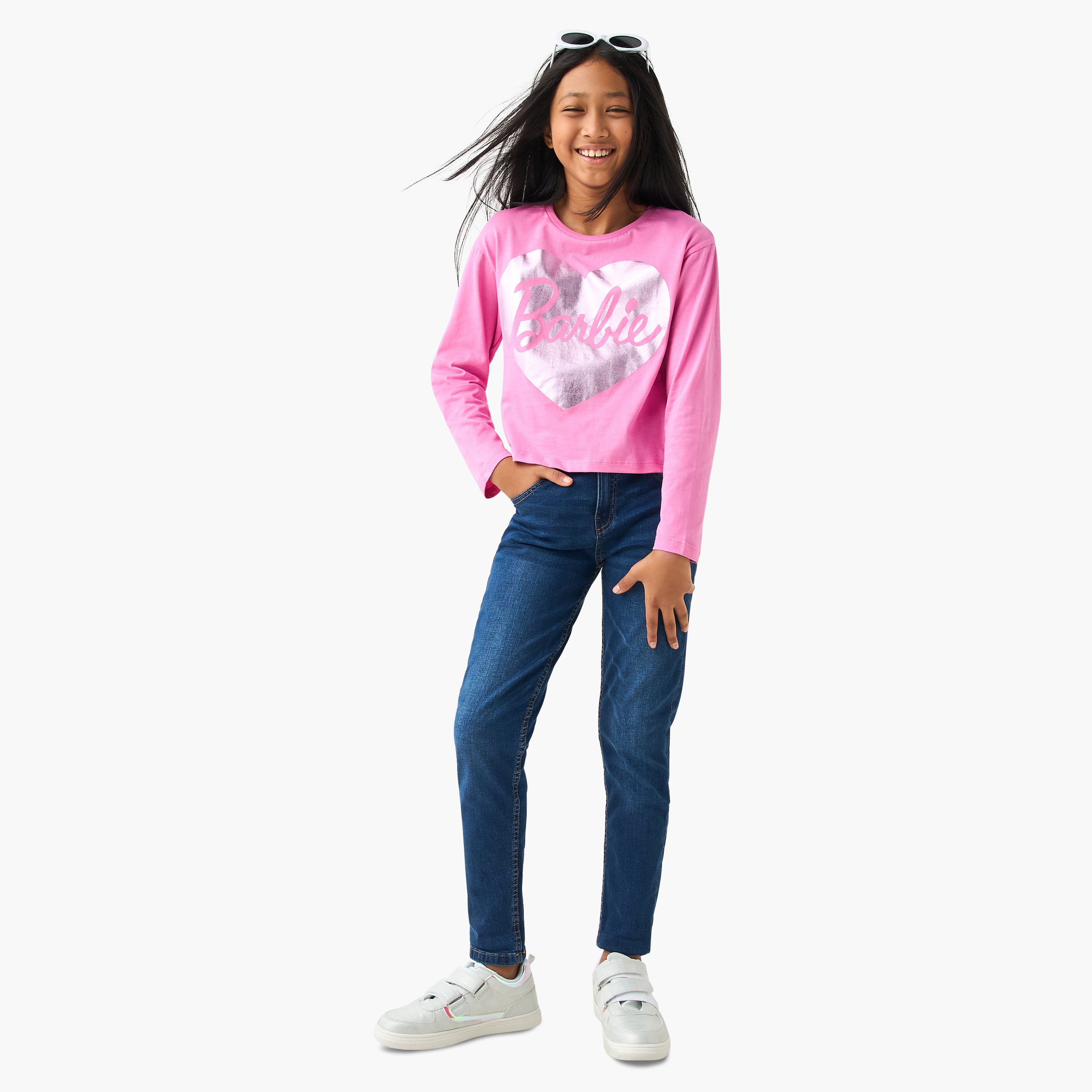Shop Barbie Print Crew Neck T-shirt with Long Sleeves Online