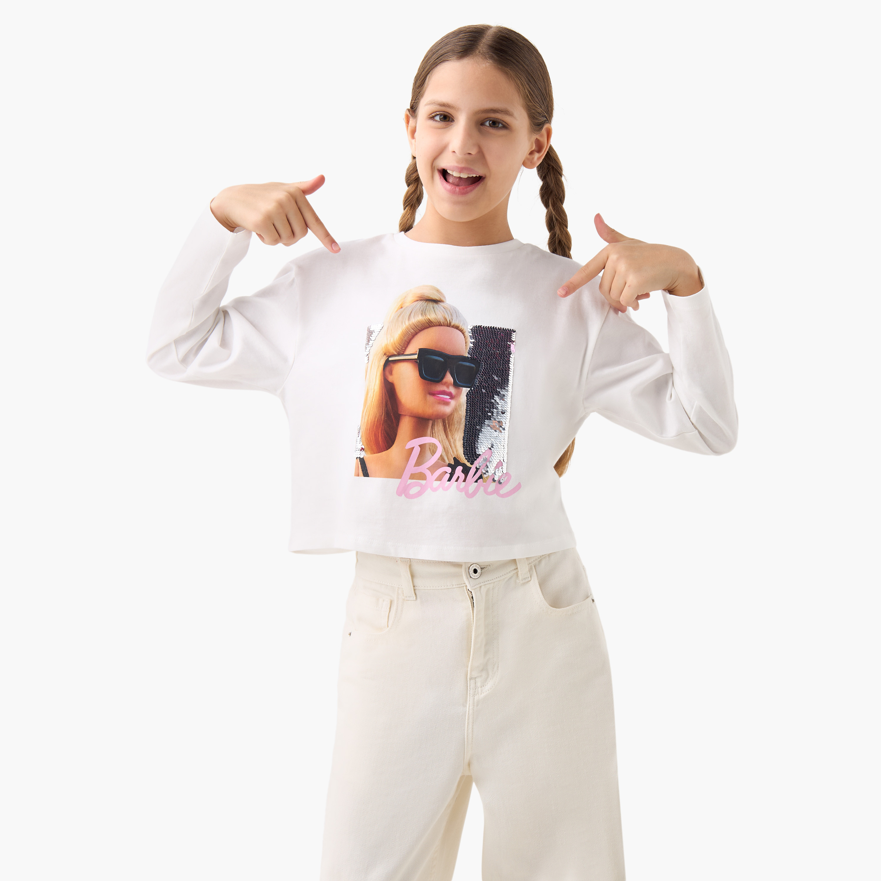 Barbie Print Crew Neck T-shirt with Long Sleeves-girls-clothing-tshirts-image-1