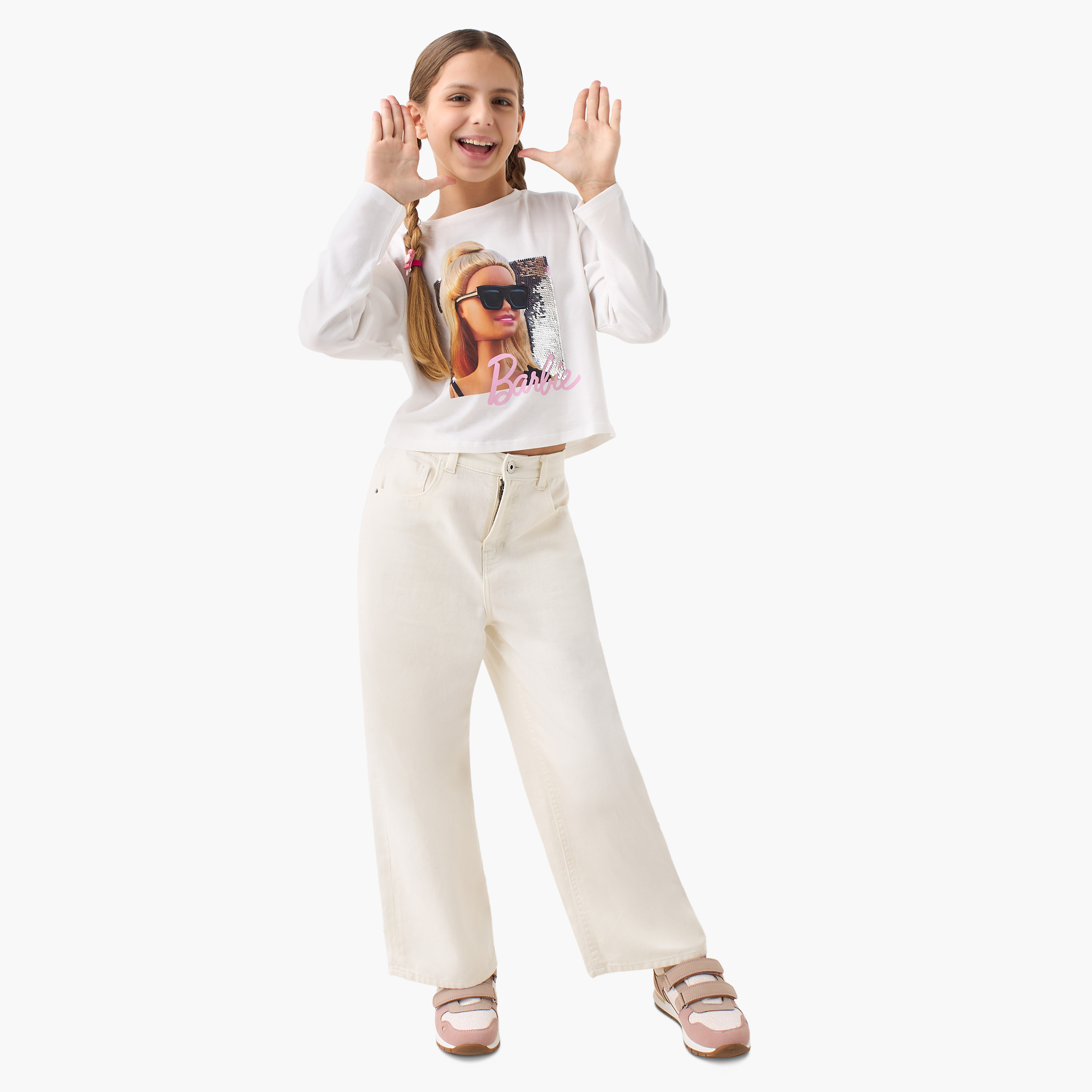 Barbie Print Crew Neck T-shirt with Long Sleeves-girls-clothing-tshirts-image-2
