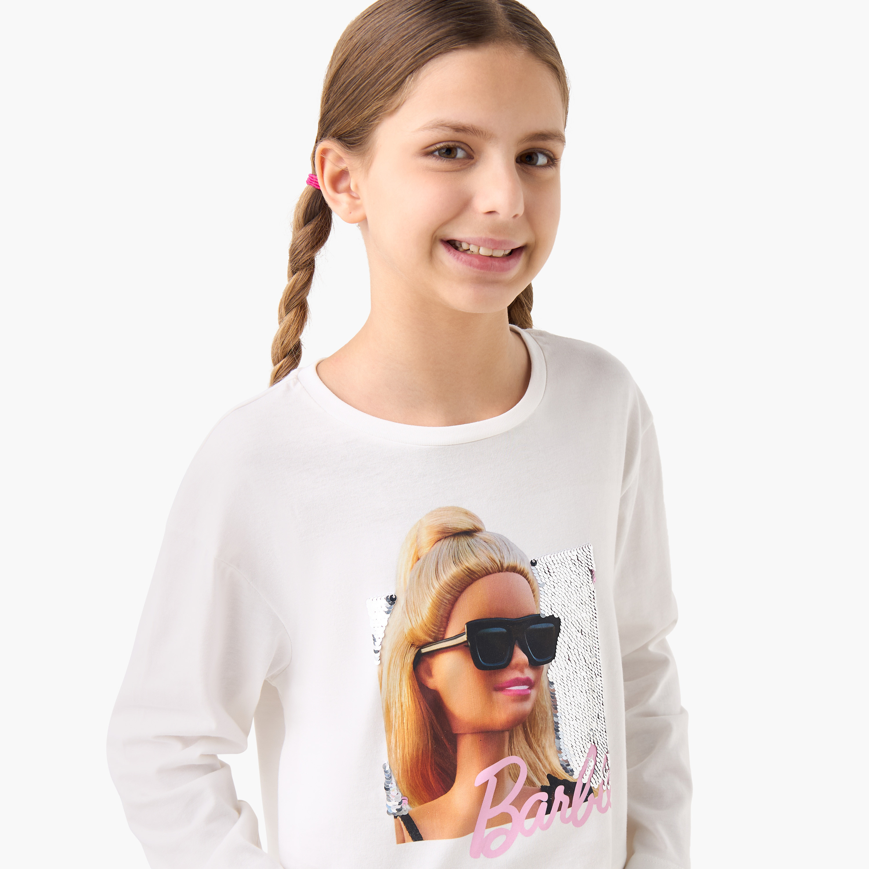 Barbie Print Crew Neck T-shirt with Long Sleeves-girls-clothing-tshirts-image-4
