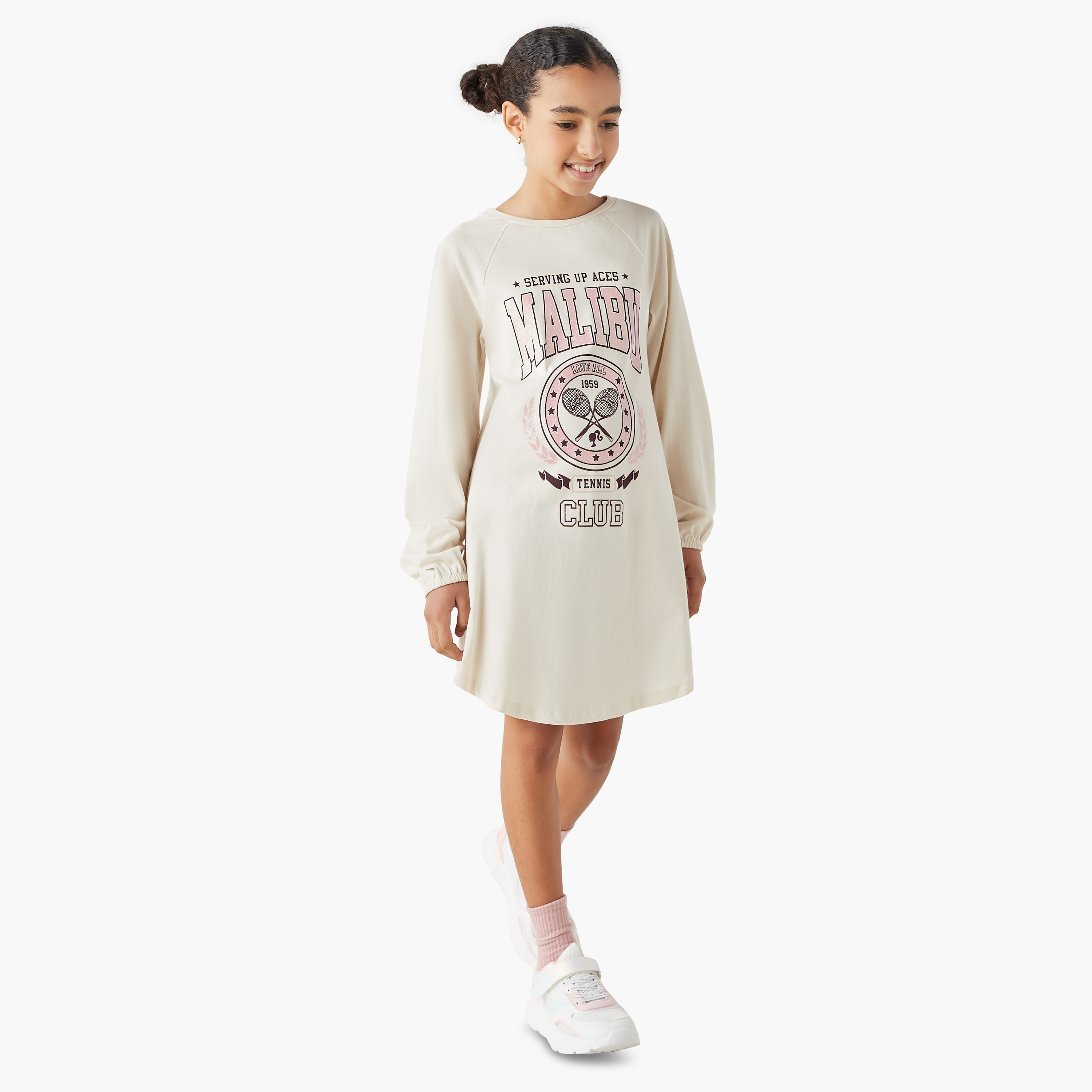 Barbie Print A-line Round Neck Dress with Long Sleeves-girls-clothing-dressesandjumpsuits-image-2