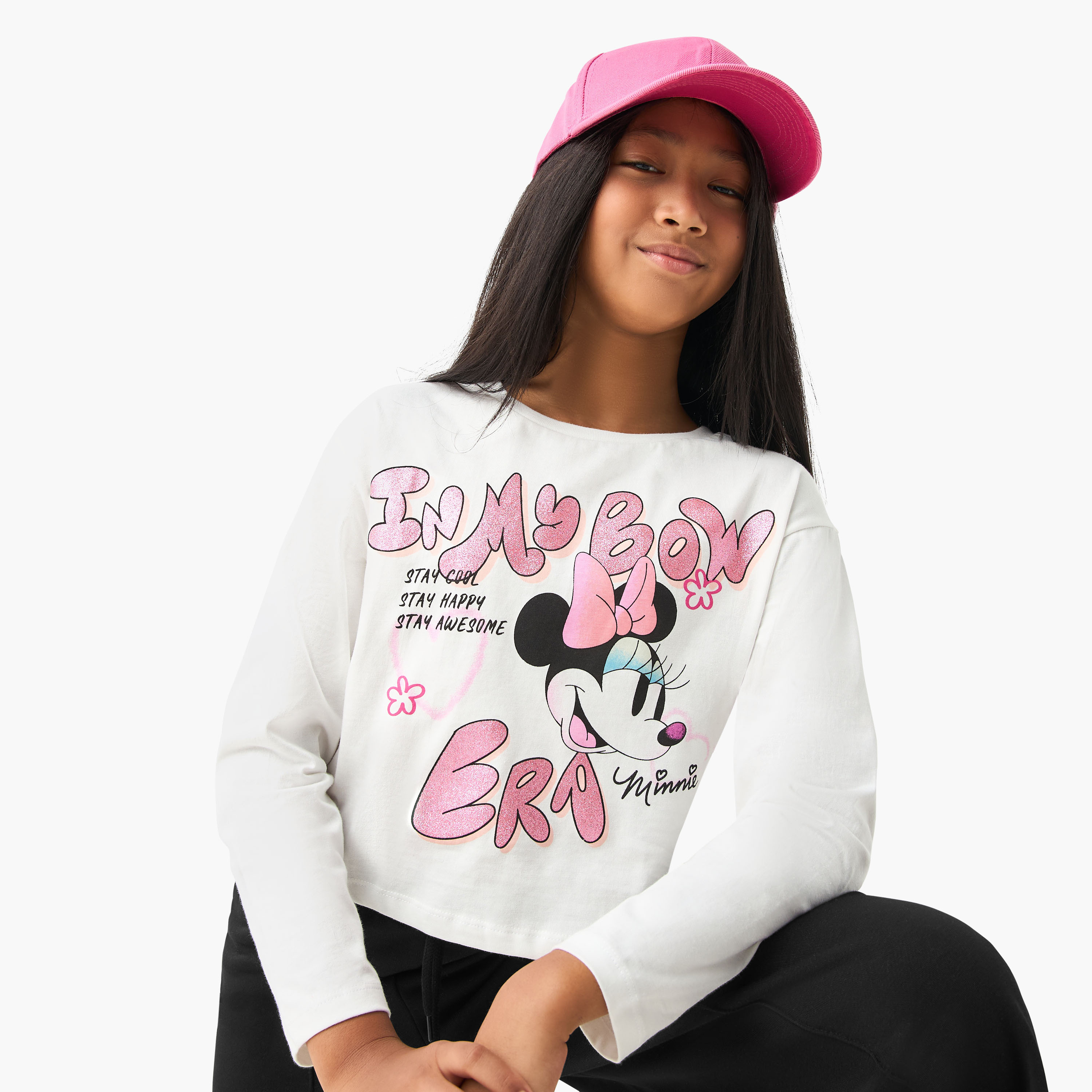 Disney Minnie Mouse Print Crew Neck T-shirt with Long Sleeves-girls-clothing-tshirts-image-1