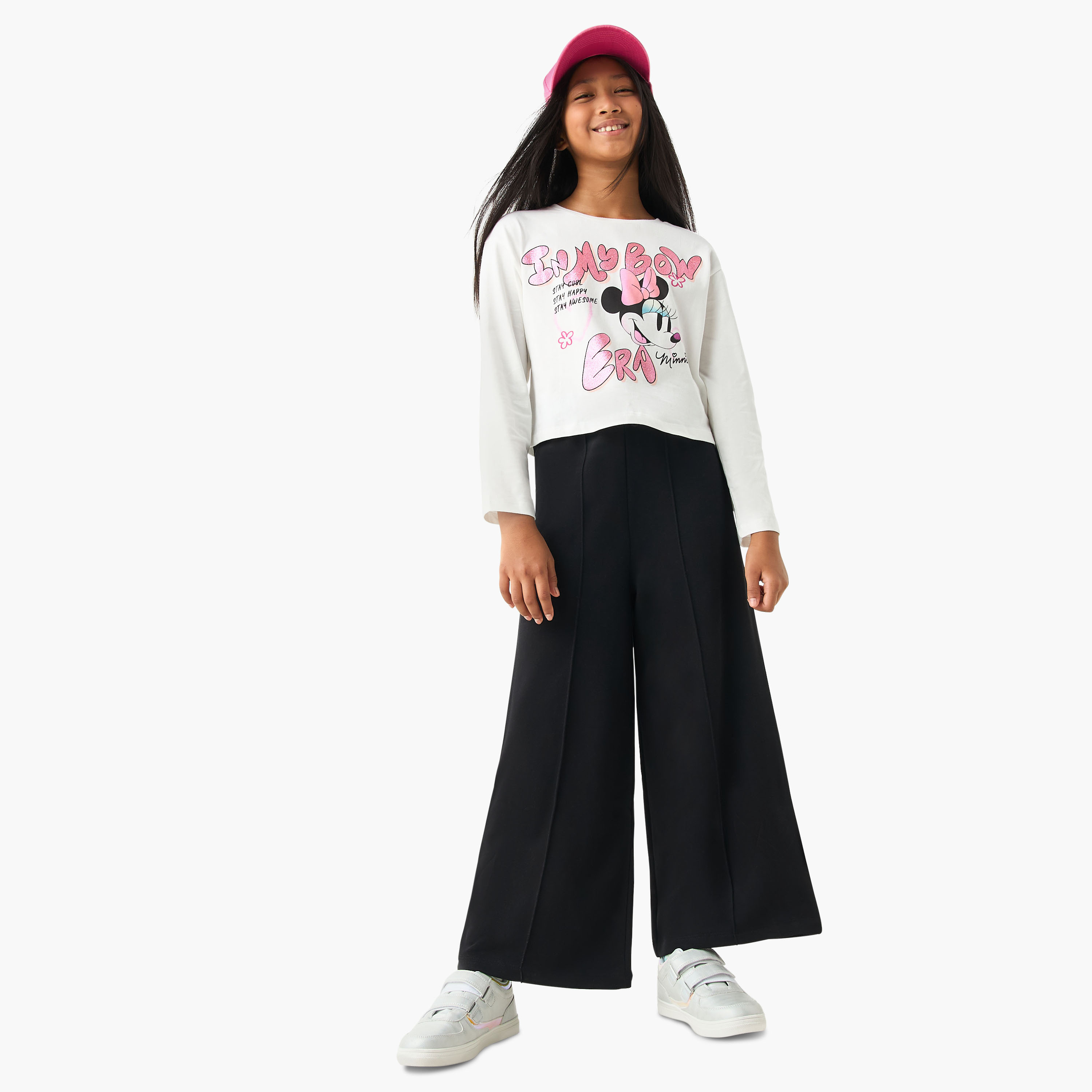 Disney Minnie Mouse Print Crew Neck T-shirt with Long Sleeves-girls-clothing-tshirts-image-2