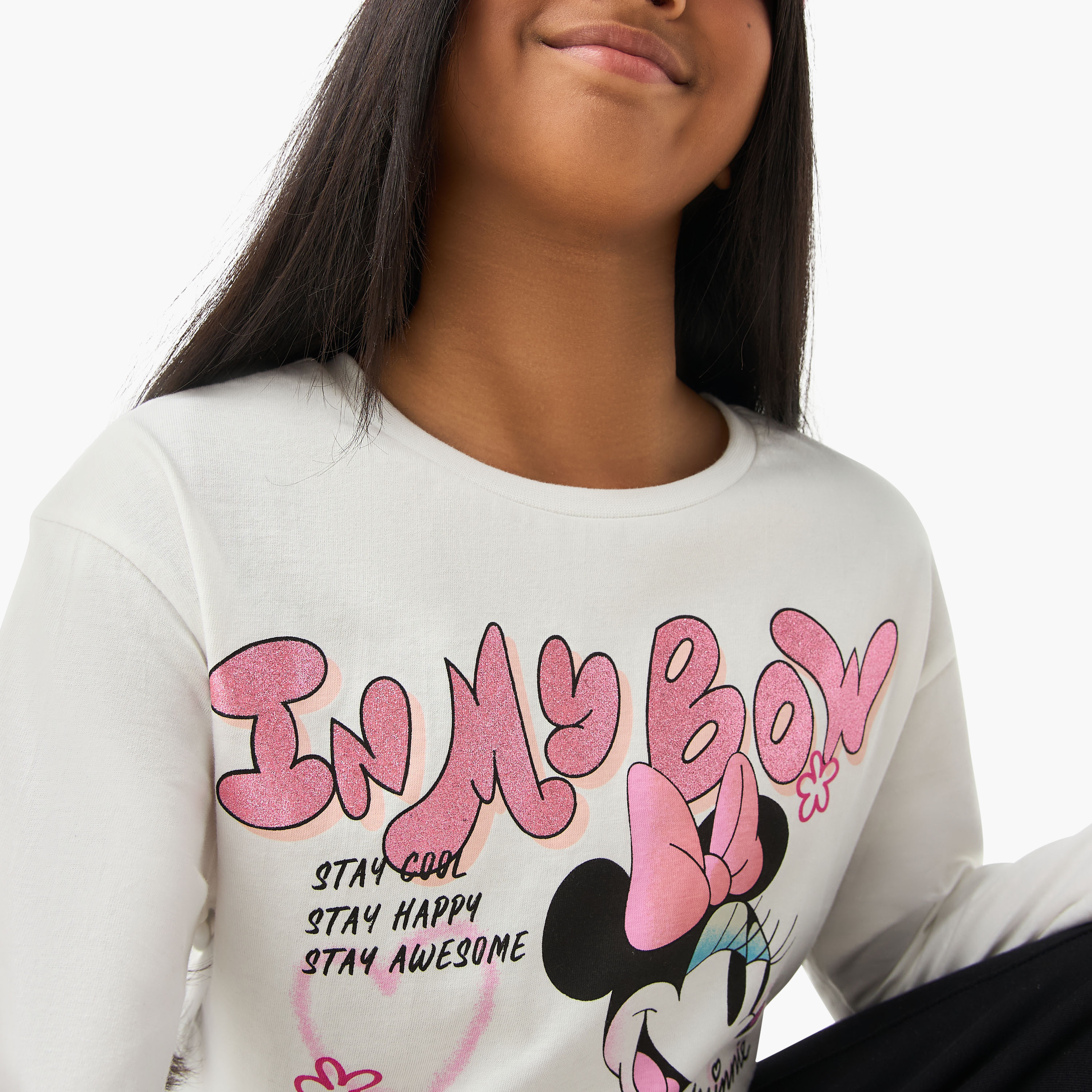 Disney Minnie Mouse Print Crew Neck T-shirt with Long Sleeves-girls-clothing-tshirts-image-4