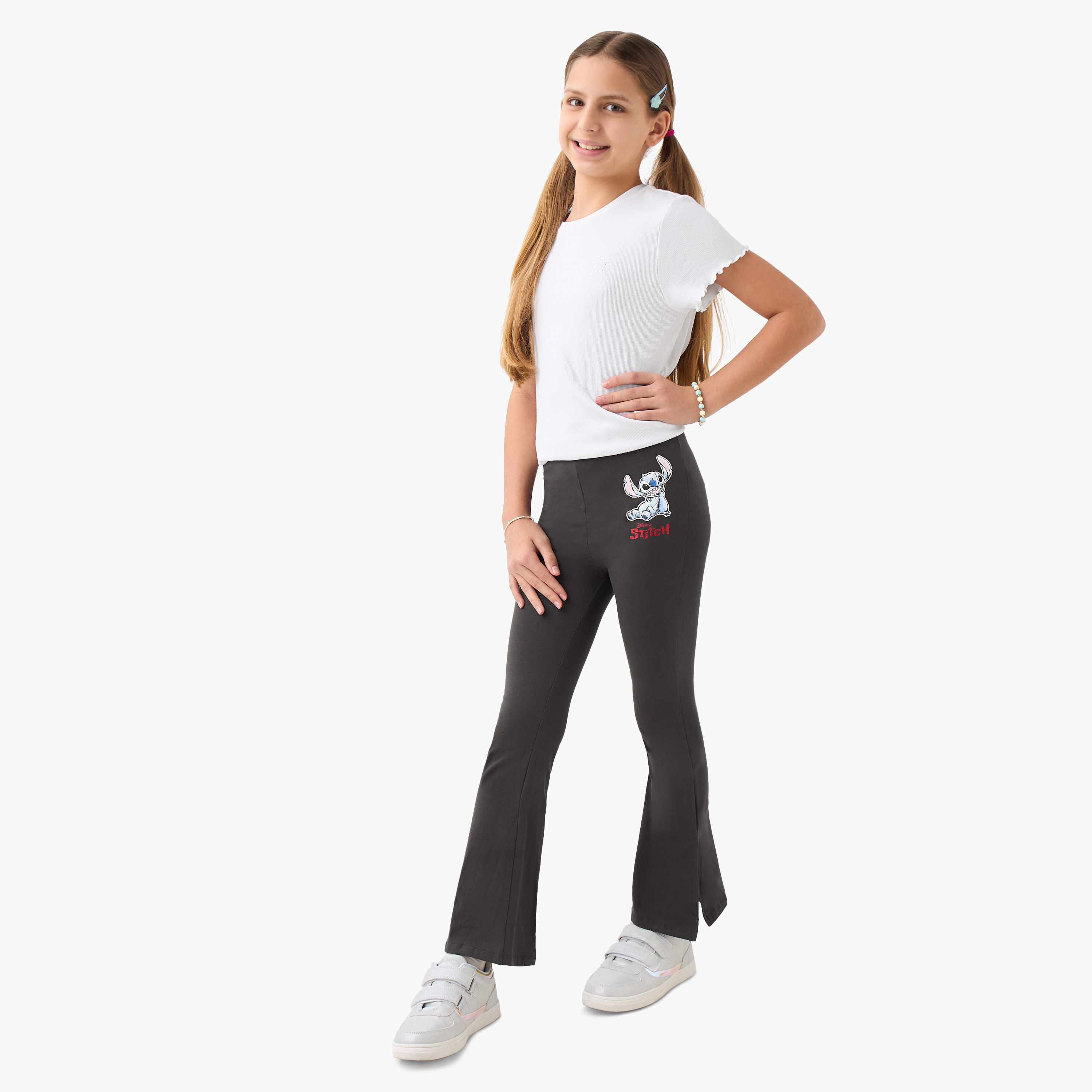 Disney Stitch Print Leggings with Elasticated Waistband and Slit Detail-girls-clothing-bottoms-leggings-image-2