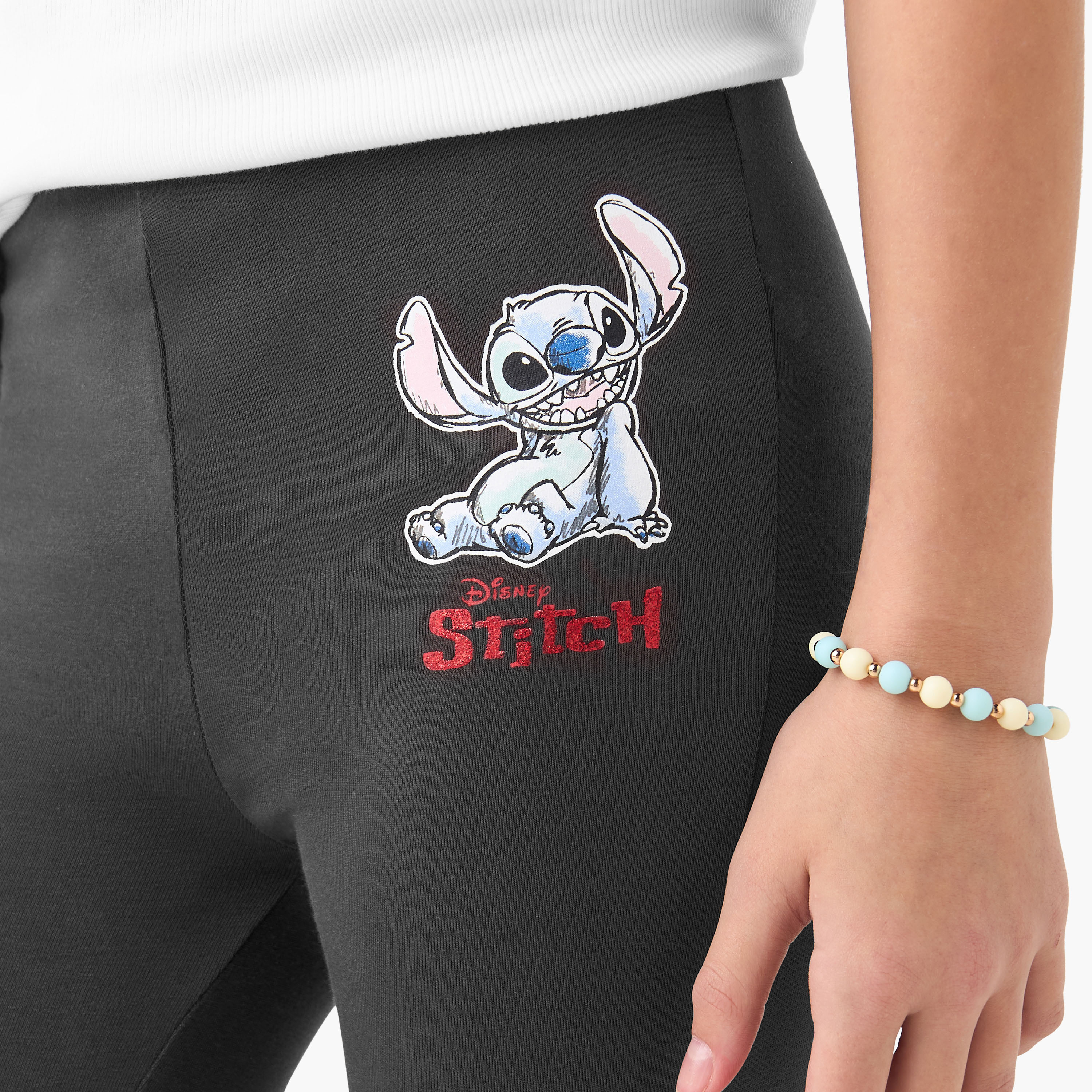 Disney Stitch Print Leggings with Elasticated Waistband and Slit Detail-girls-clothing-bottoms-leggings-image-4