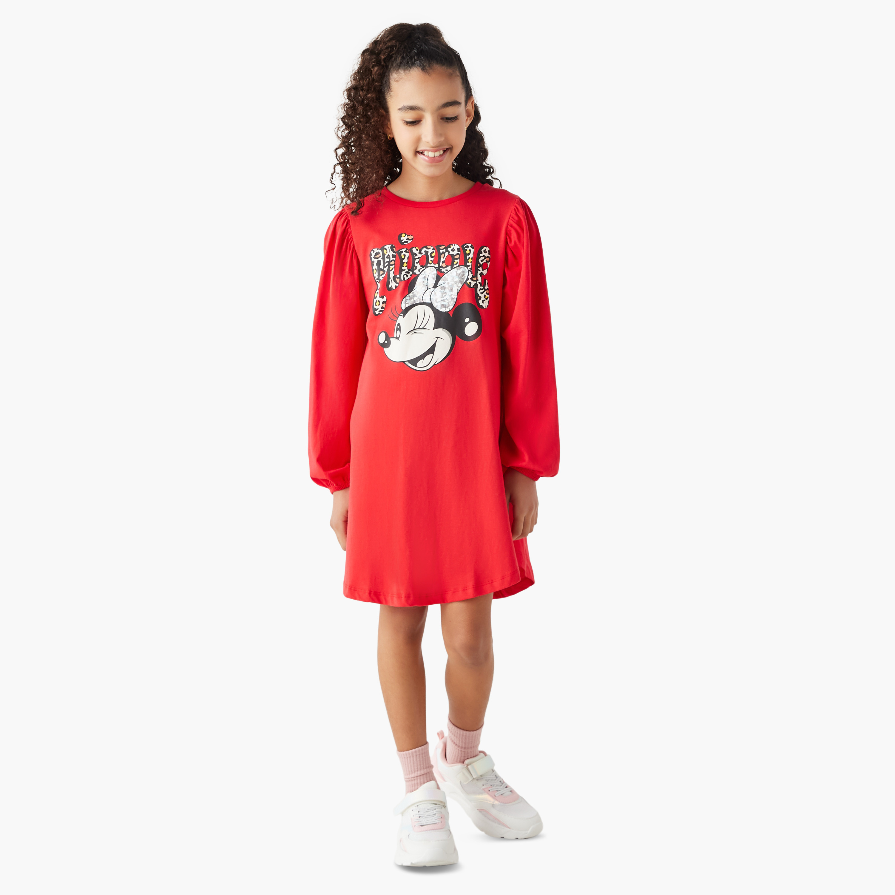 Disney Minnie Mouse Print T-shirt Dress with Round Neck and Long Sleeves-girls-clothing-dressesandjumpsuits-image-2