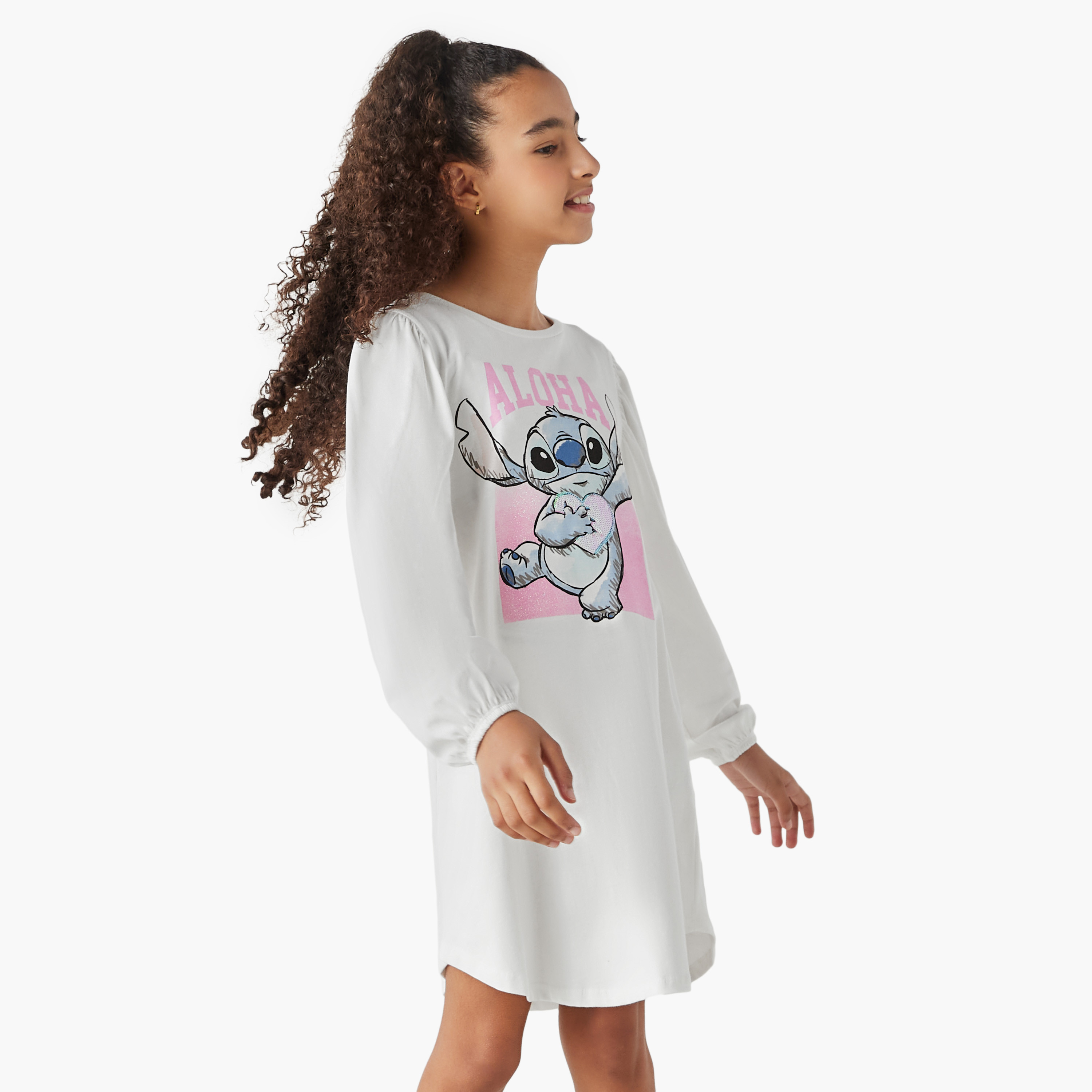 Disney Stitch Print T-shirt Dress with Round Neck and Long Sleeves-girls-clothing-dressesandjumpsuits-image-1
