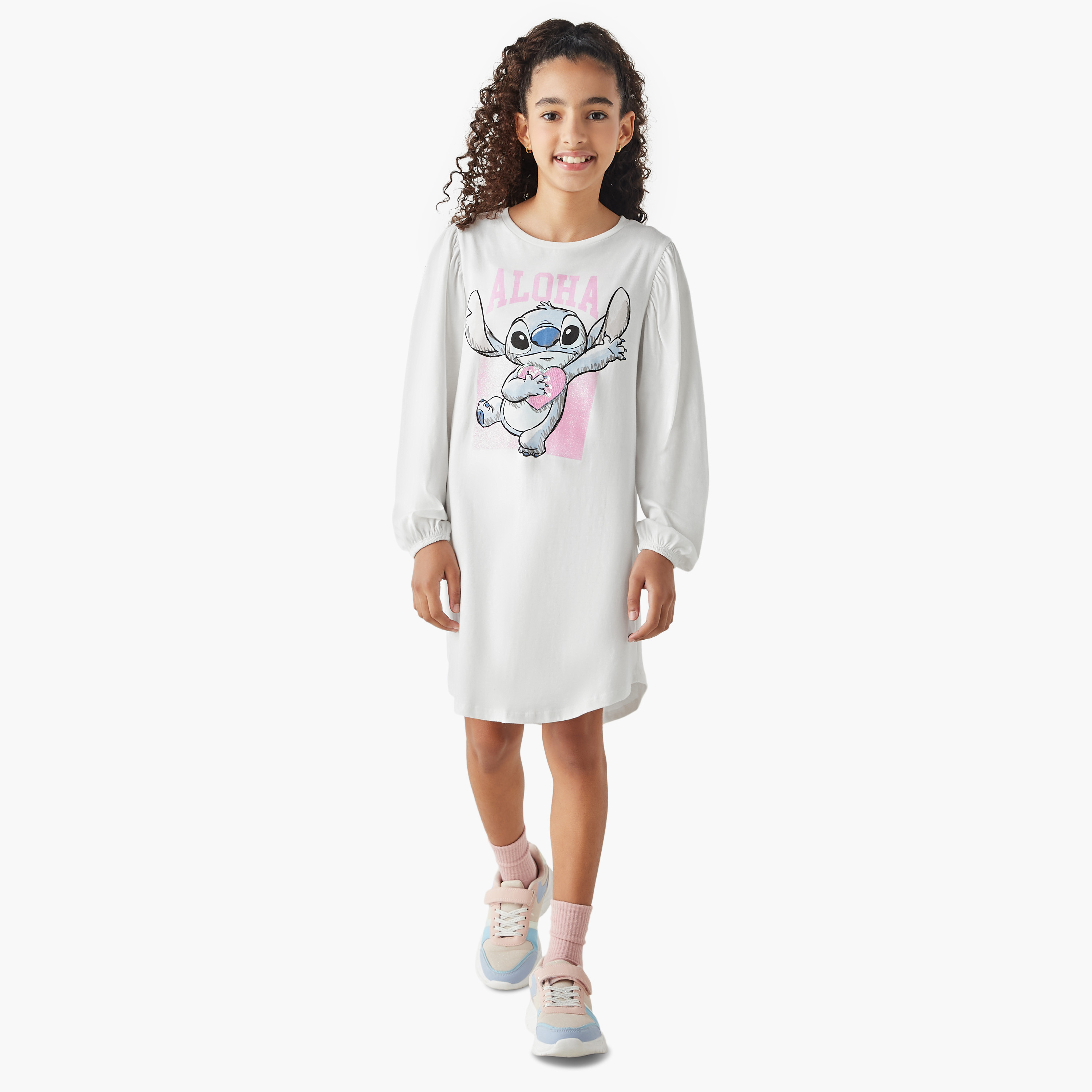 Disney Stitch Print T-shirt Dress with Round Neck and Long Sleeves-girls-clothing-dressesandjumpsuits-image-2