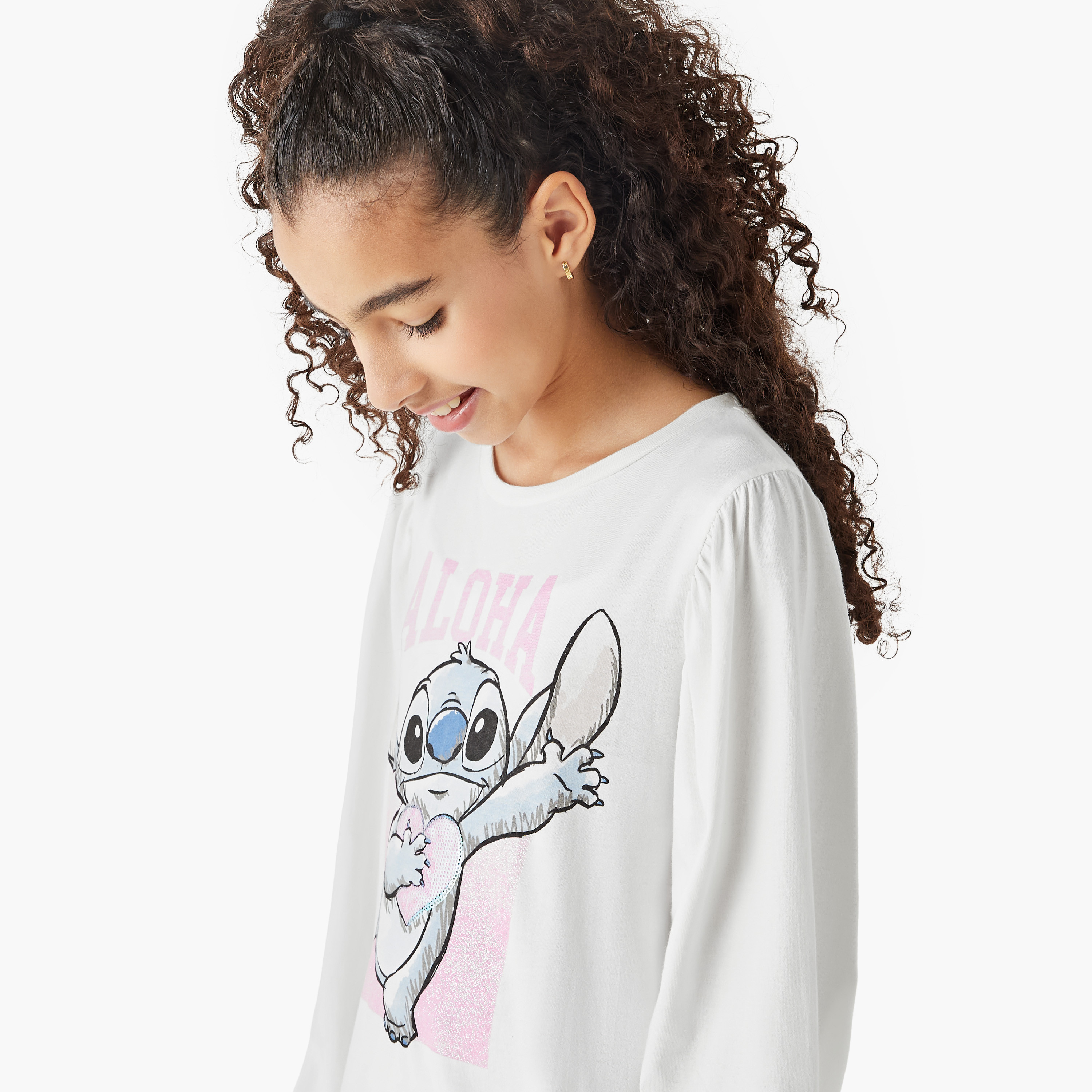 Disney Stitch Print T-shirt Dress with Round Neck and Long Sleeves-girls-clothing-dressesandjumpsuits-image-4
