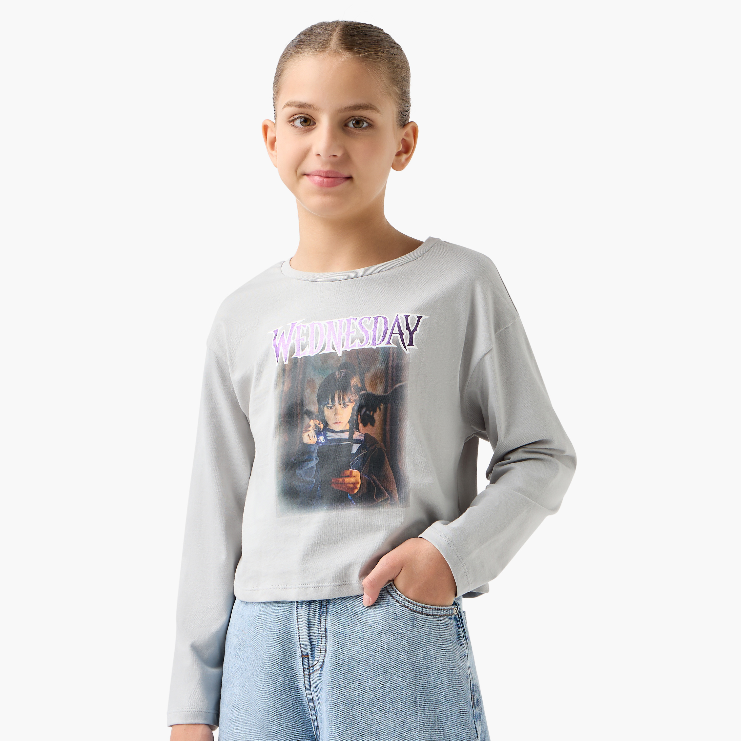 تيشيرت بياقة ضيقة وأكمام طويلة وطبعات جرافيك من ديزني-girls-clothing-tshirts-image-1