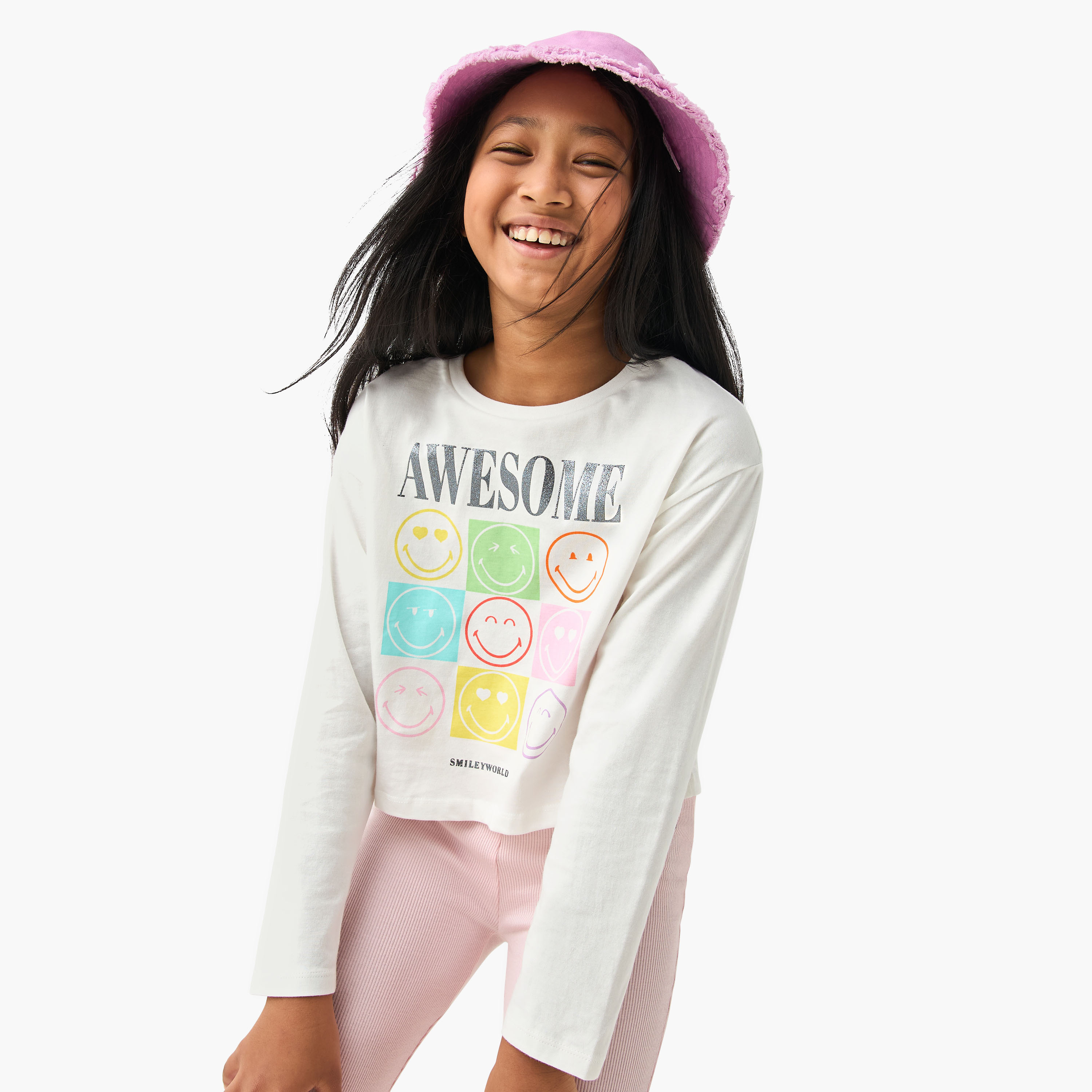 SmileyWorld Print Crew Neck T-shirt with Long Sleeves-girls-clothing-tshirts-image-1