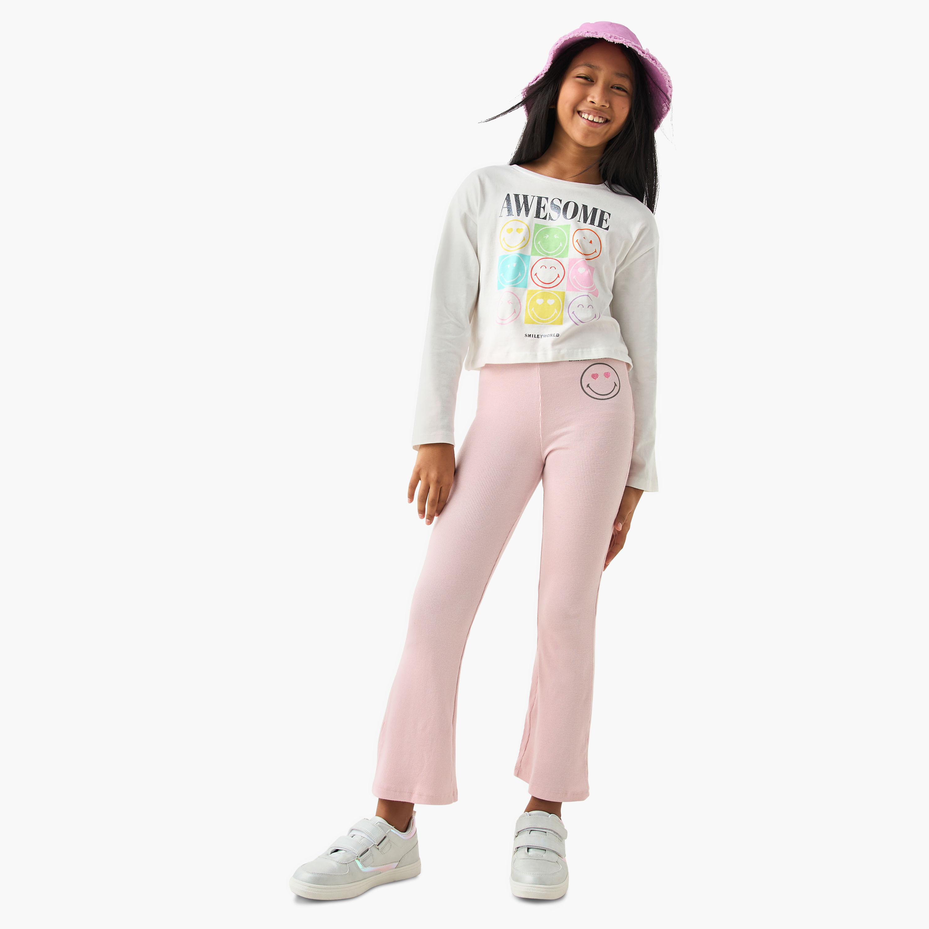 SmileyWorld Print Crew Neck T-shirt with Long Sleeves-girls-clothing-tshirts-image-2