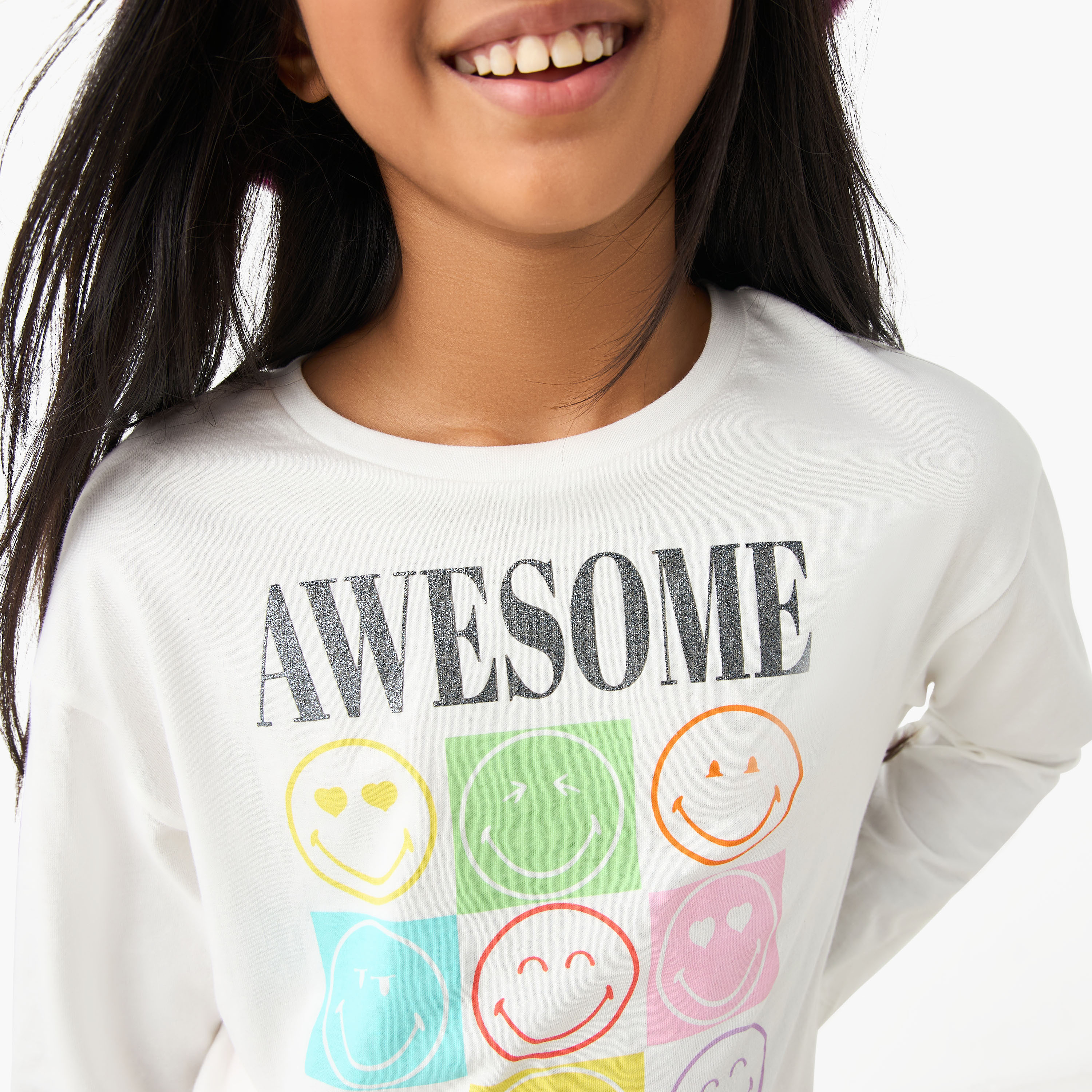 SmileyWorld Print Crew Neck T-shirt with Long Sleeves-girls-clothing-tshirts-image-4