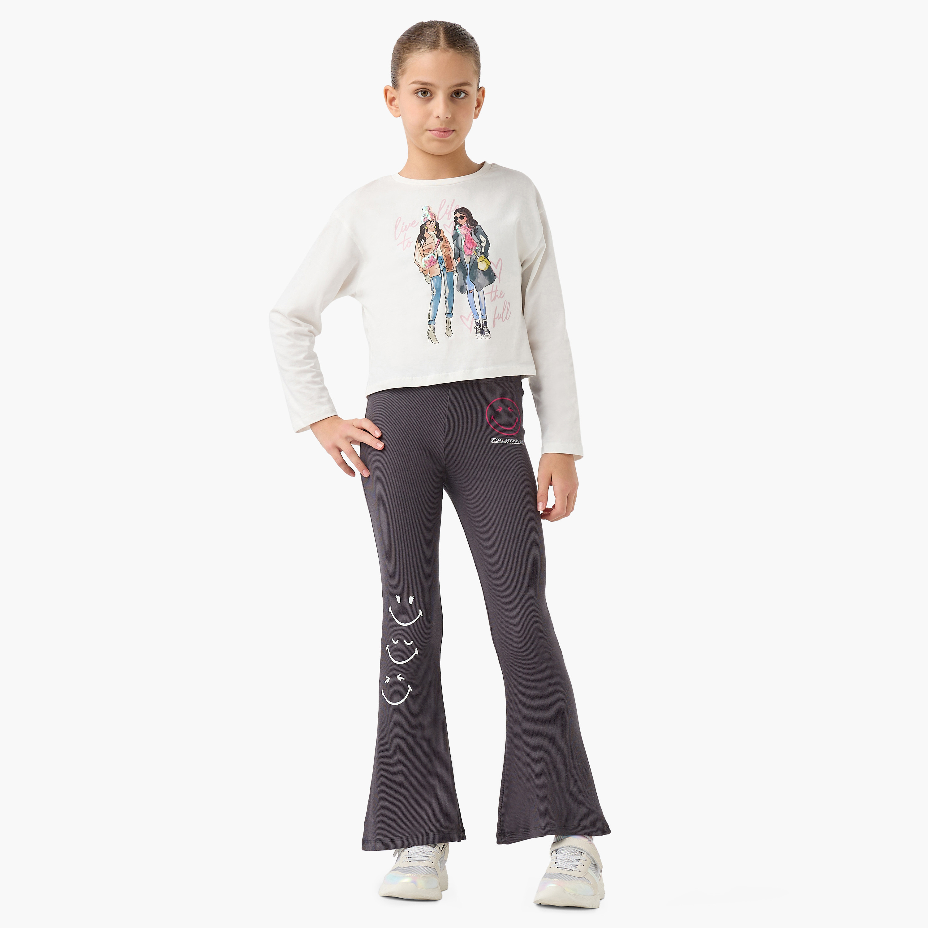 بنطلون ليقنز مضلع غير متماثل بحزام خصر مطاطي وطبعات سمايلي ورلد-girls-clothing-bottoms-leggings-image-3