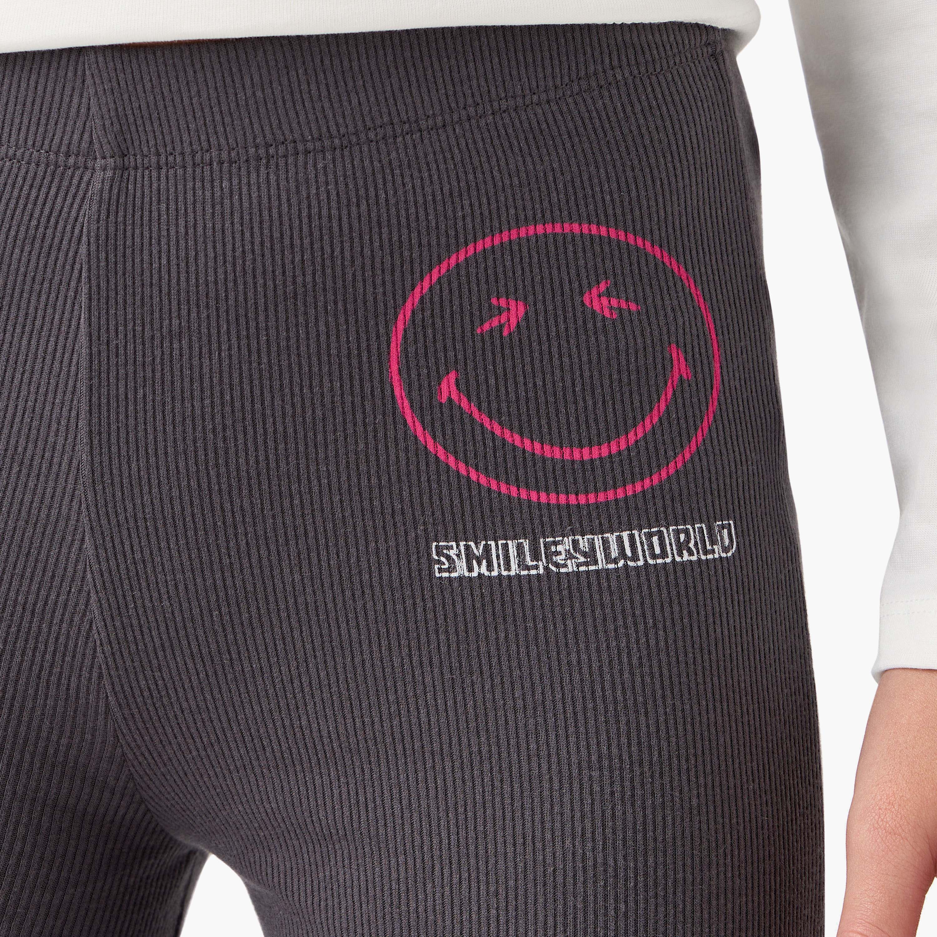 بنطلون ليقنز مضلع غير متماثل بحزام خصر مطاطي وطبعات سمايلي ورلد-girls-clothing-bottoms-leggings-image-1