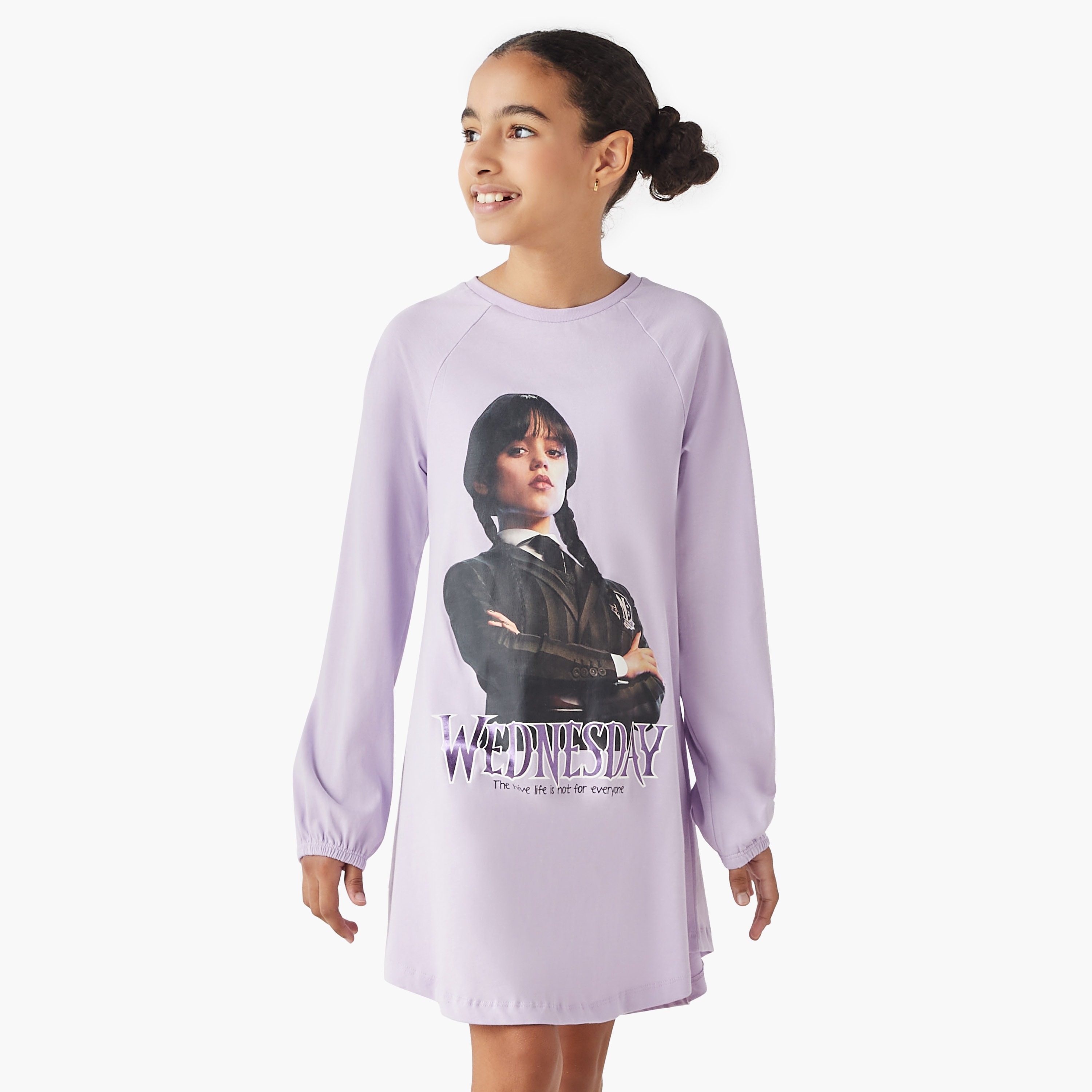 Disney Wednesday Print Round Neck A-line Dress with Long Sleeves-girls-clothing-dressesandjumpsuits-image-1