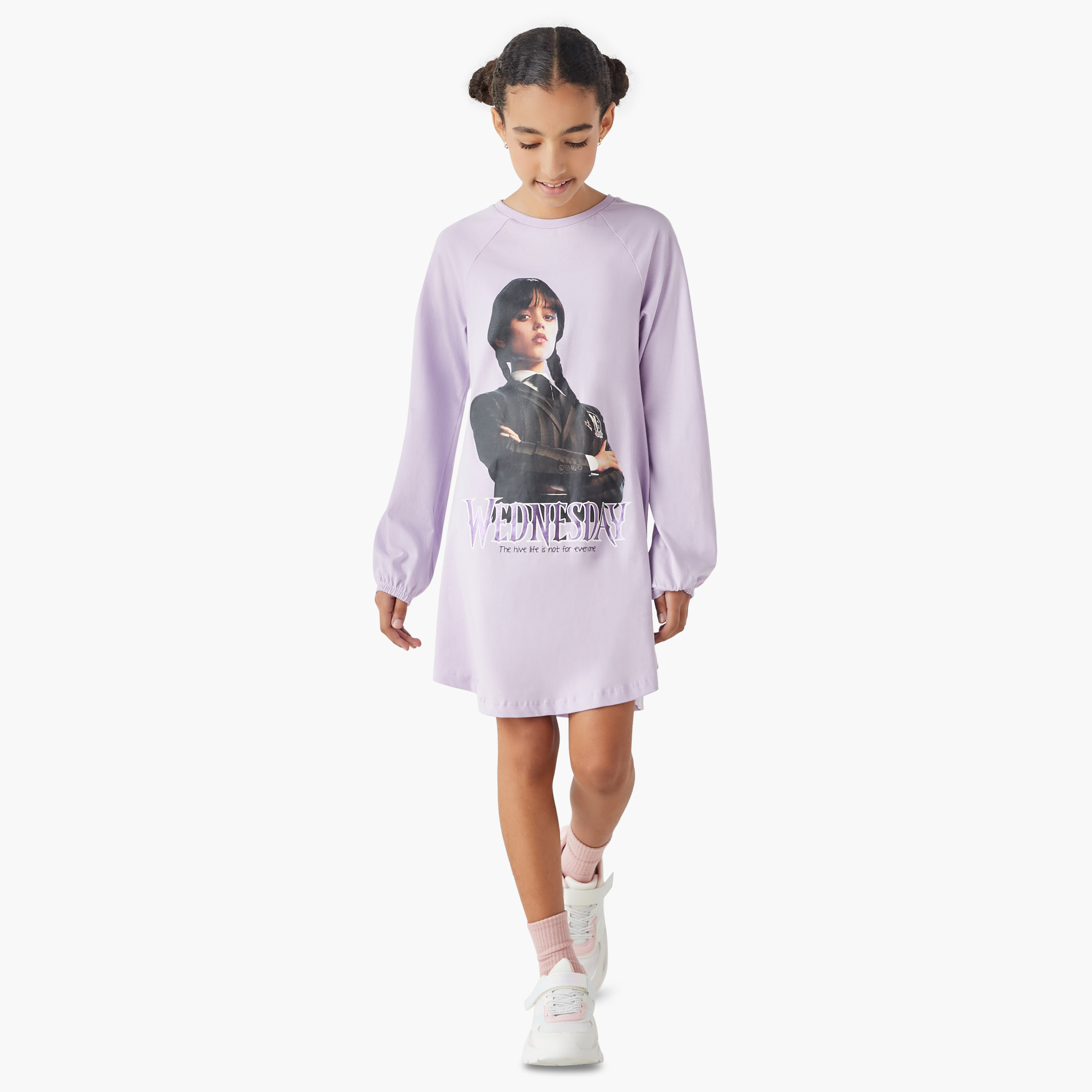Disney Wednesday Print Round Neck A-line Dress with Long Sleeves-girls-clothing-dressesandjumpsuits-image-2