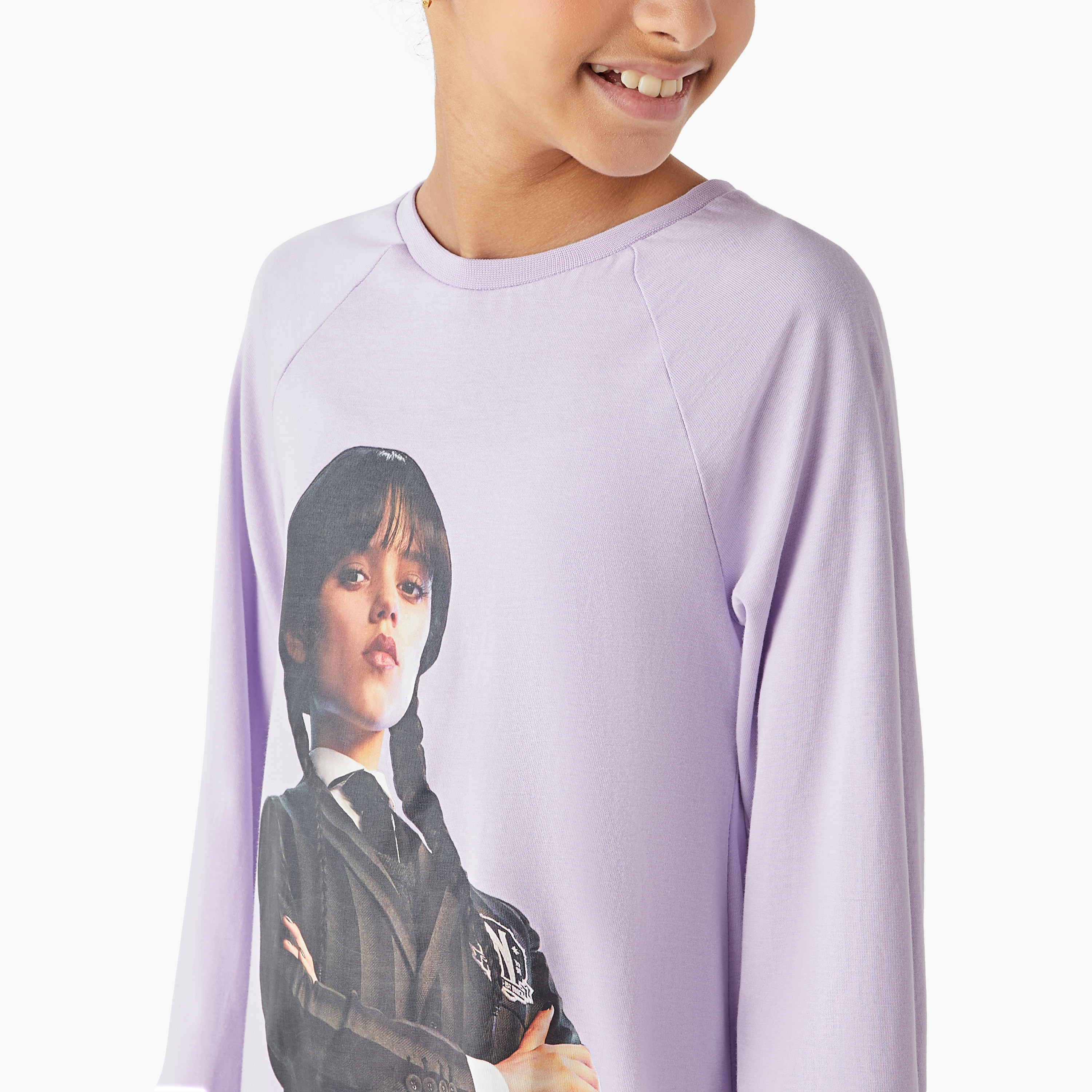 Disney Wednesday Print Round Neck A-line Dress with Long Sleeves-girls-clothing-dressesandjumpsuits-image-4