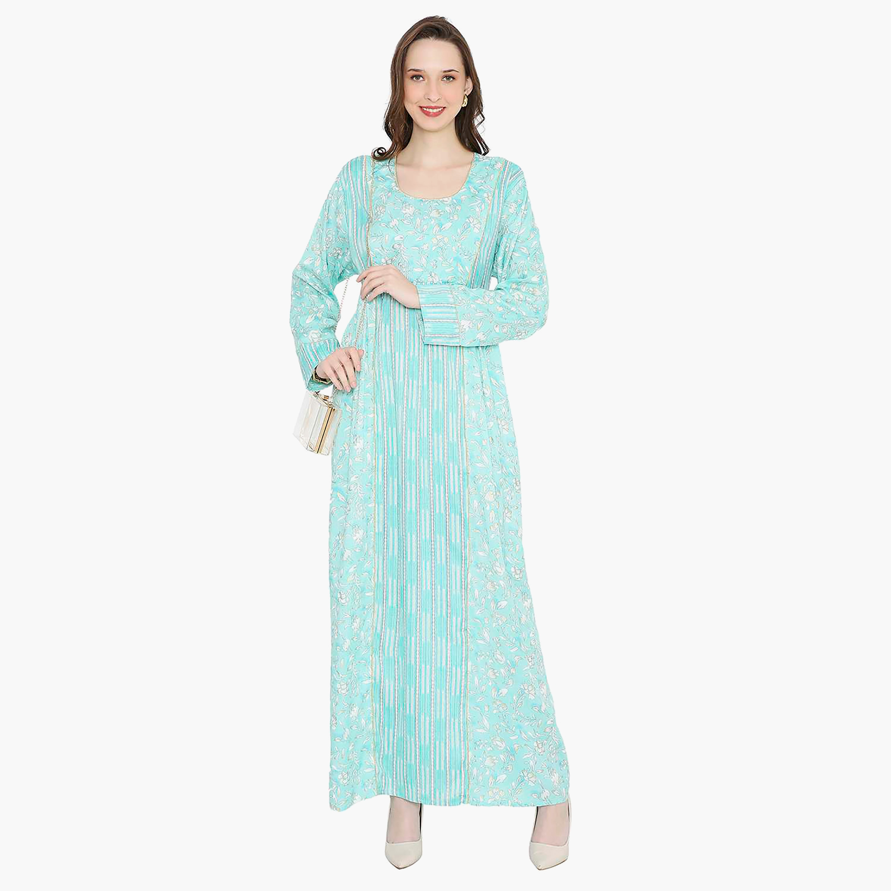 Hana & Sara Floral Scoop Neck with Pearl Detail Women's Jalabiya-women-arabicclothing-jalabiyas-image-1