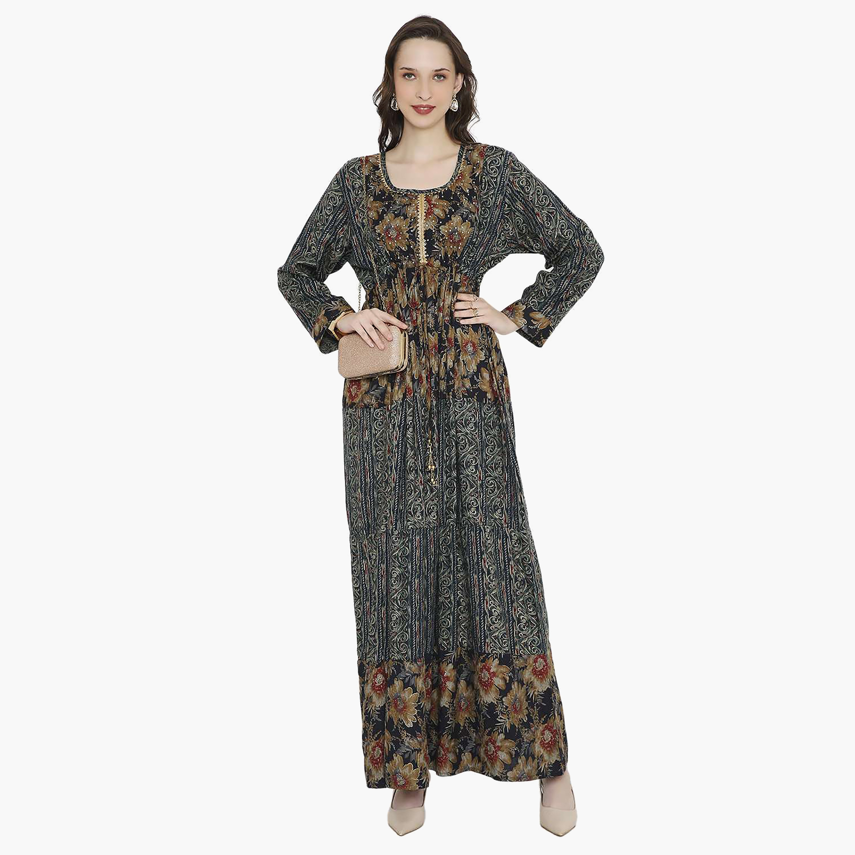 Hana & Sara Printed Scoop Embellished Crystal Knot Neck Detail Women's Mukhawar-women-arabicclothing-jalabiyas-image-1