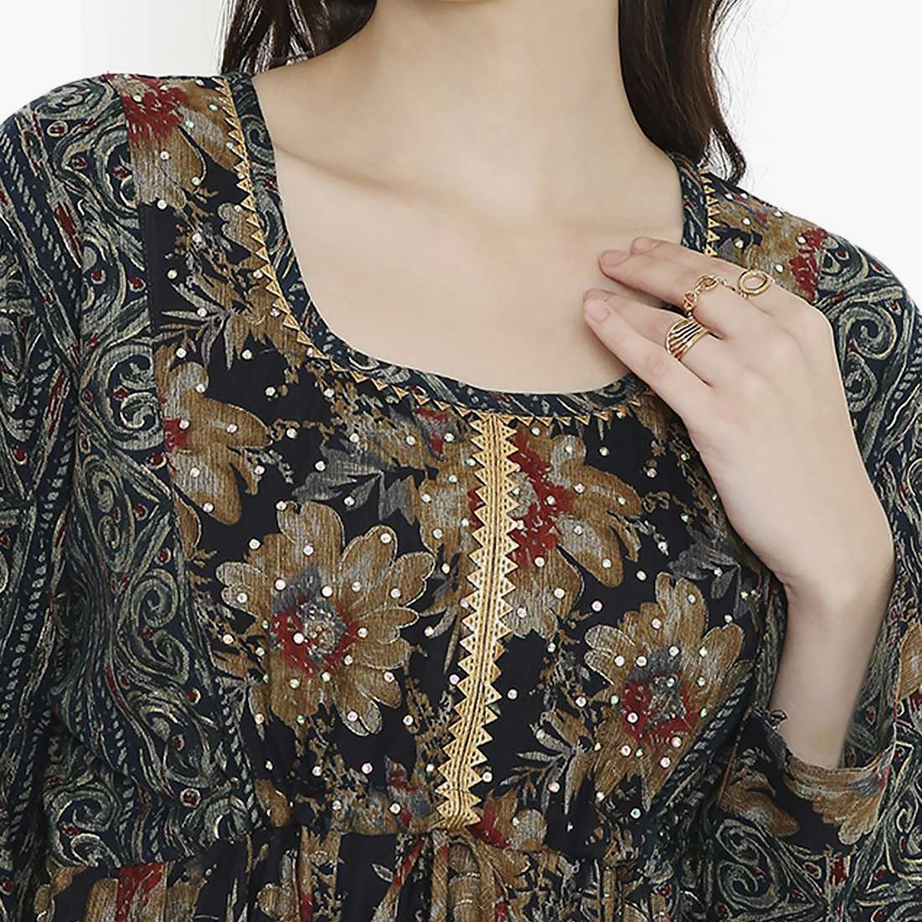 مخور نسائي سكوب مطبوع مزين بالكريستال وتفاصيل عقدة عند الرقبة من هانا آند سارة-women-arabicclothing-jalabiyas-image-2