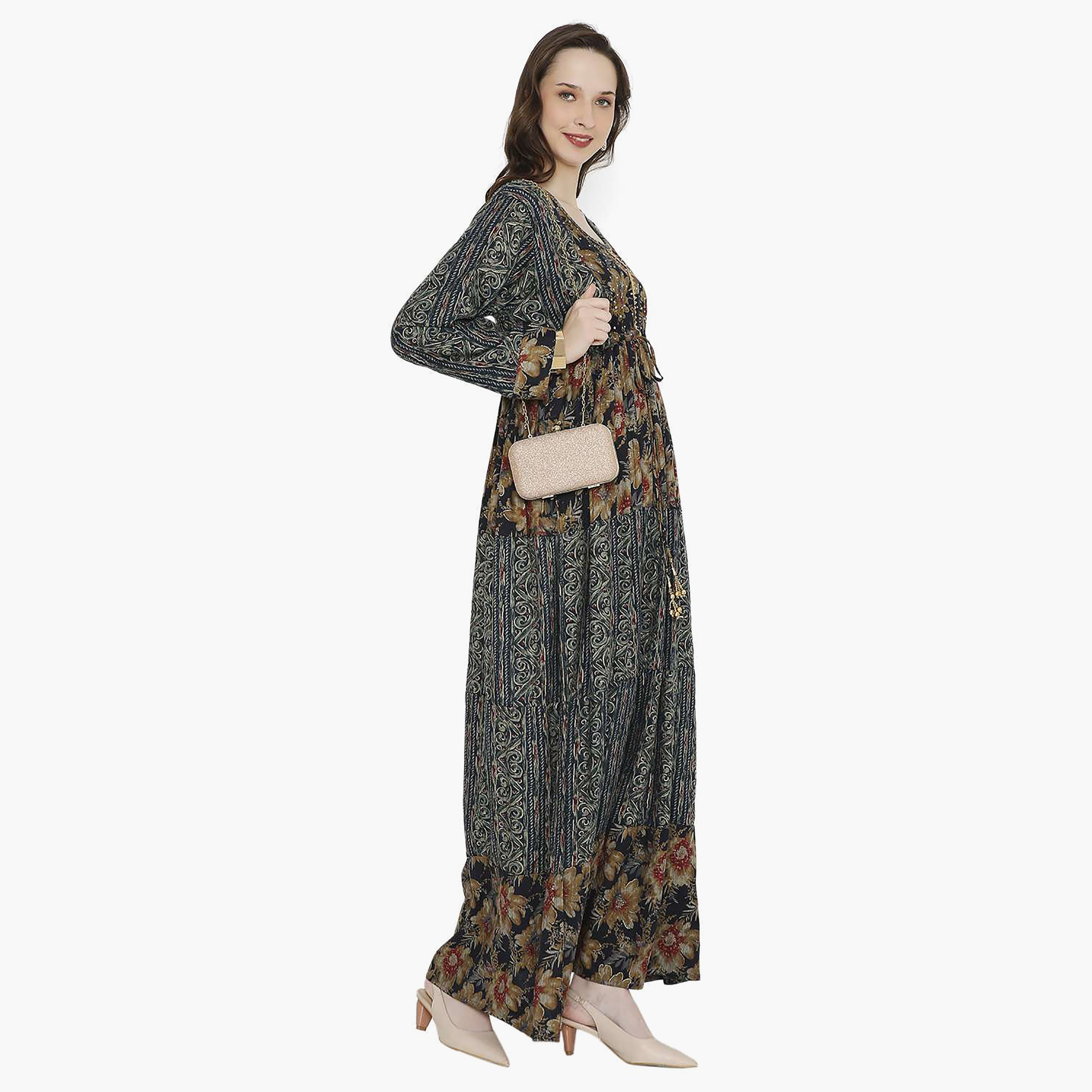 مخور نسائي سكوب مطبوع مزين بالكريستال وتفاصيل عقدة عند الرقبة من هانا آند سارة-women-arabicclothing-jalabiyas-image-3