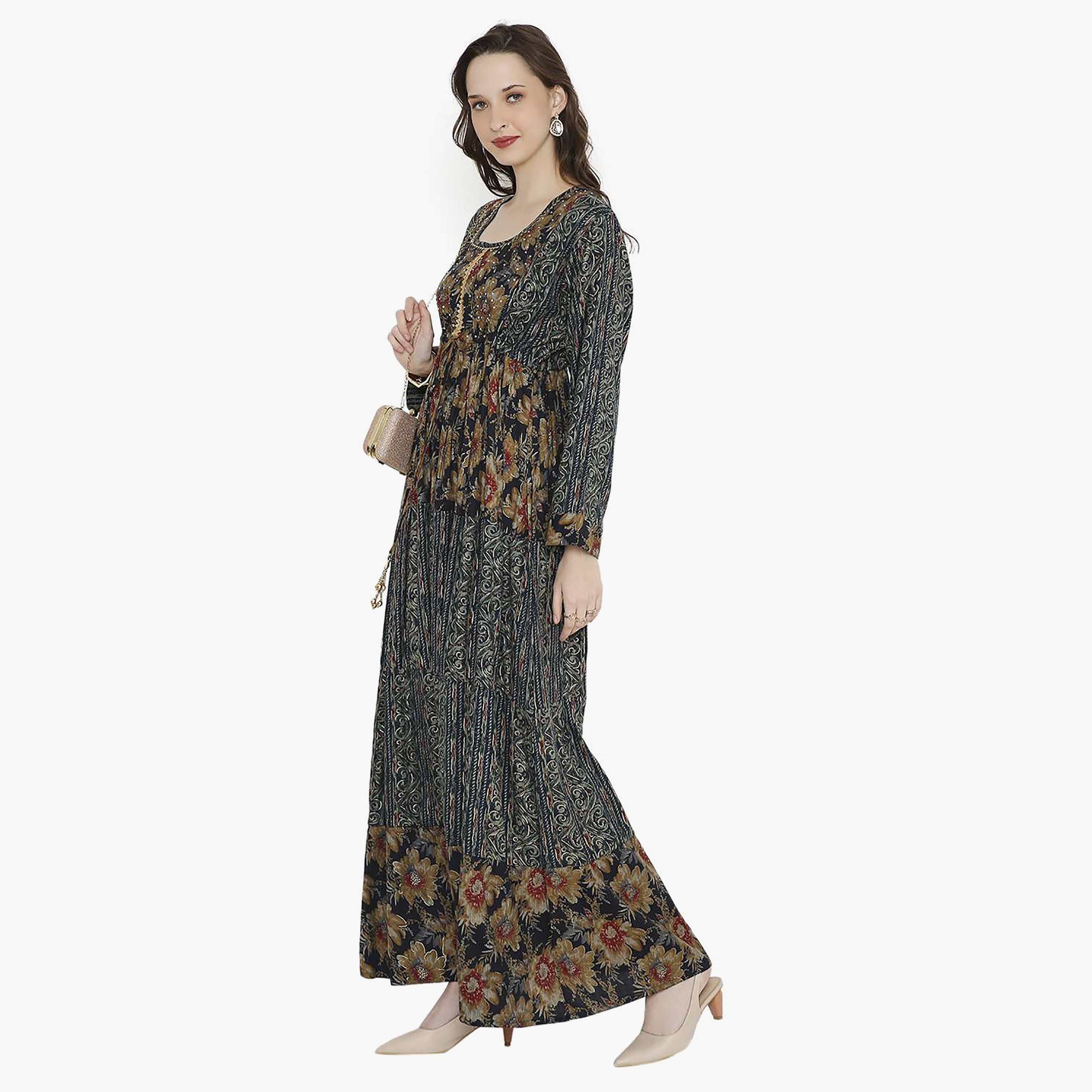 مخور نسائي سكوب مطبوع مزين بالكريستال وتفاصيل عقدة عند الرقبة من هانا آند سارة-women-arabicclothing-jalabiyas-image-4