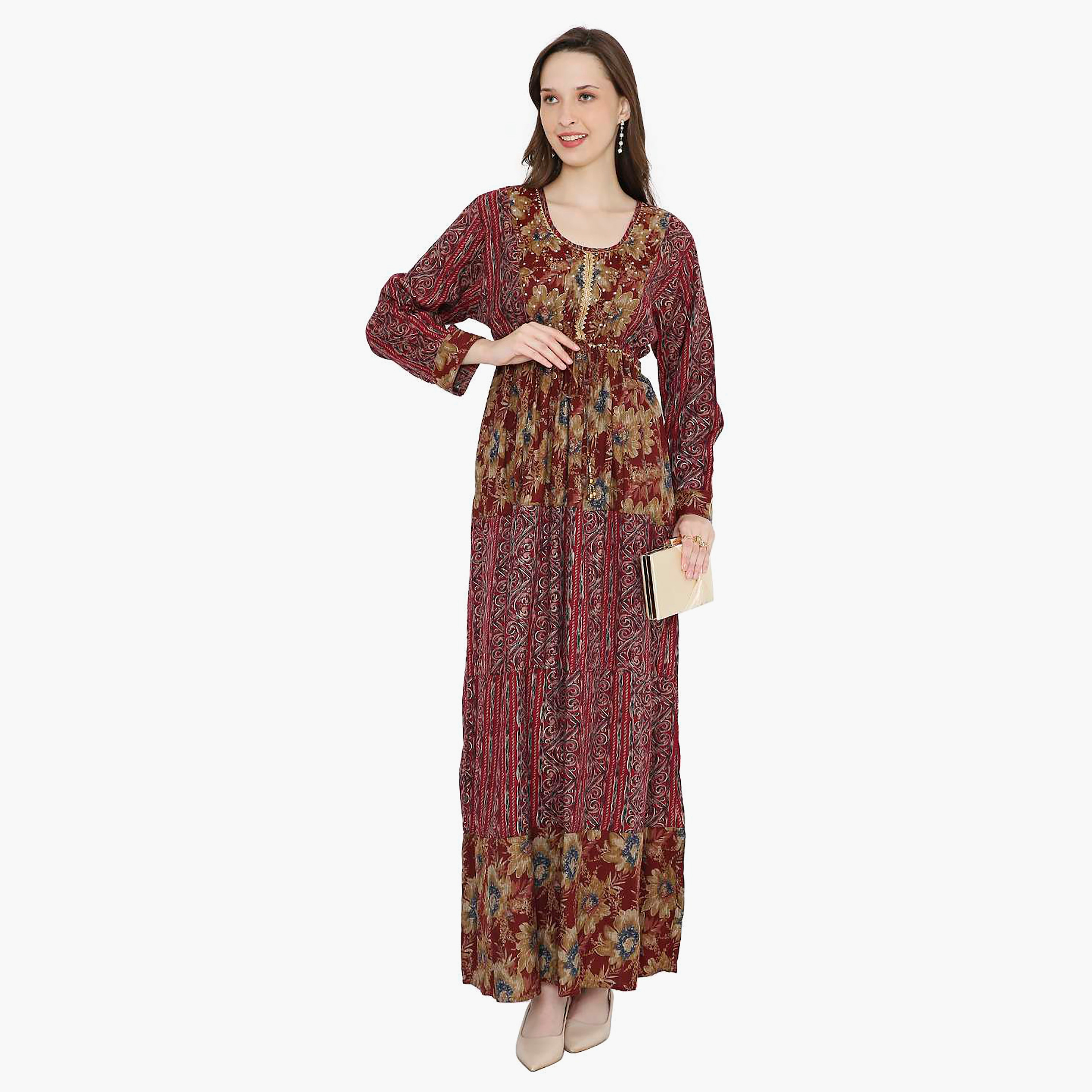 Hana & Sara Printed Scoop Embellished Crystal Knot Neck Detail Women's Mukhawar-women-arabicclothing-jalabiyas-image-6