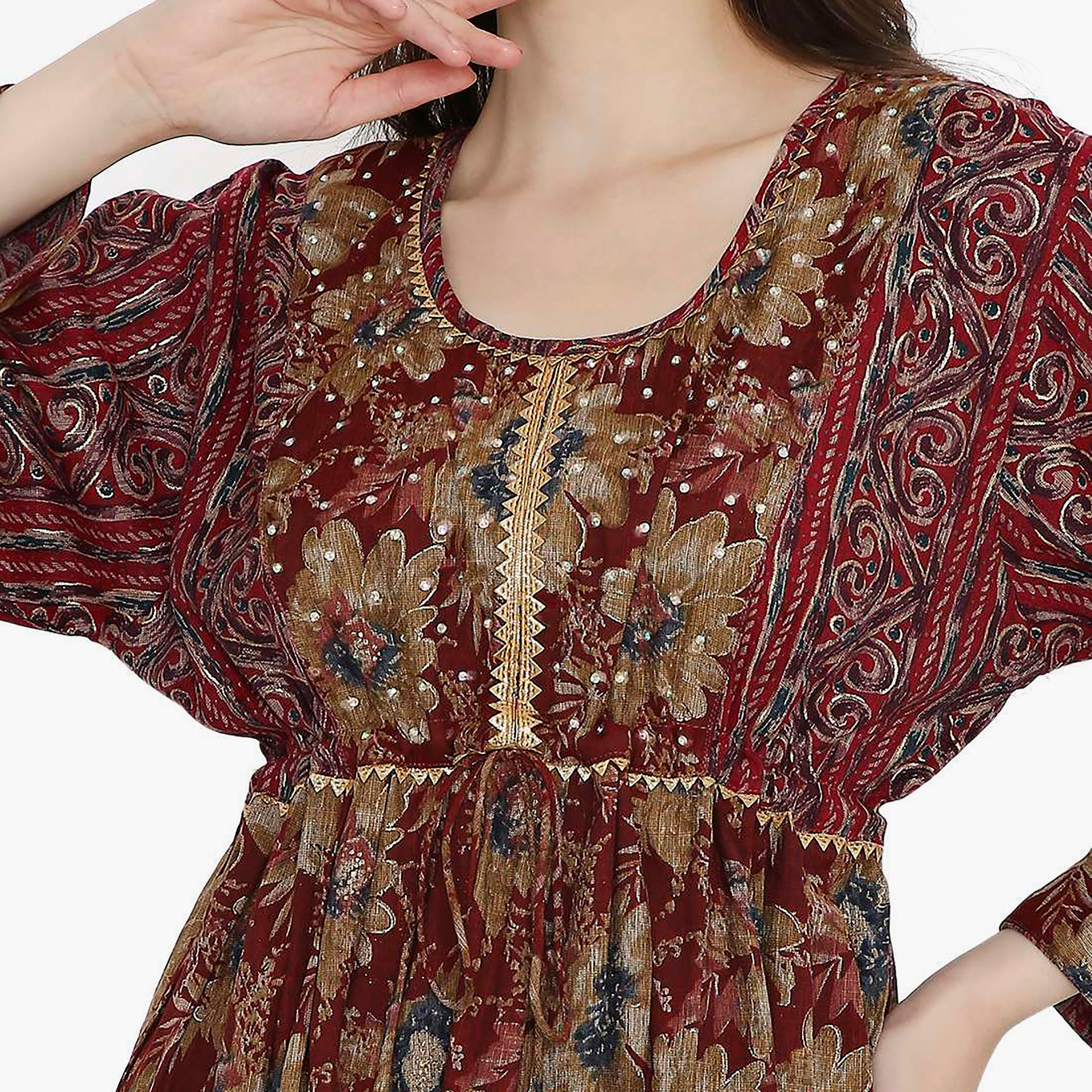 Hana & Sara Printed Scoop Embellished Crystal Knot Neck Detail Women's Mukhawar-women-arabicclothing-jalabiyas-image-7