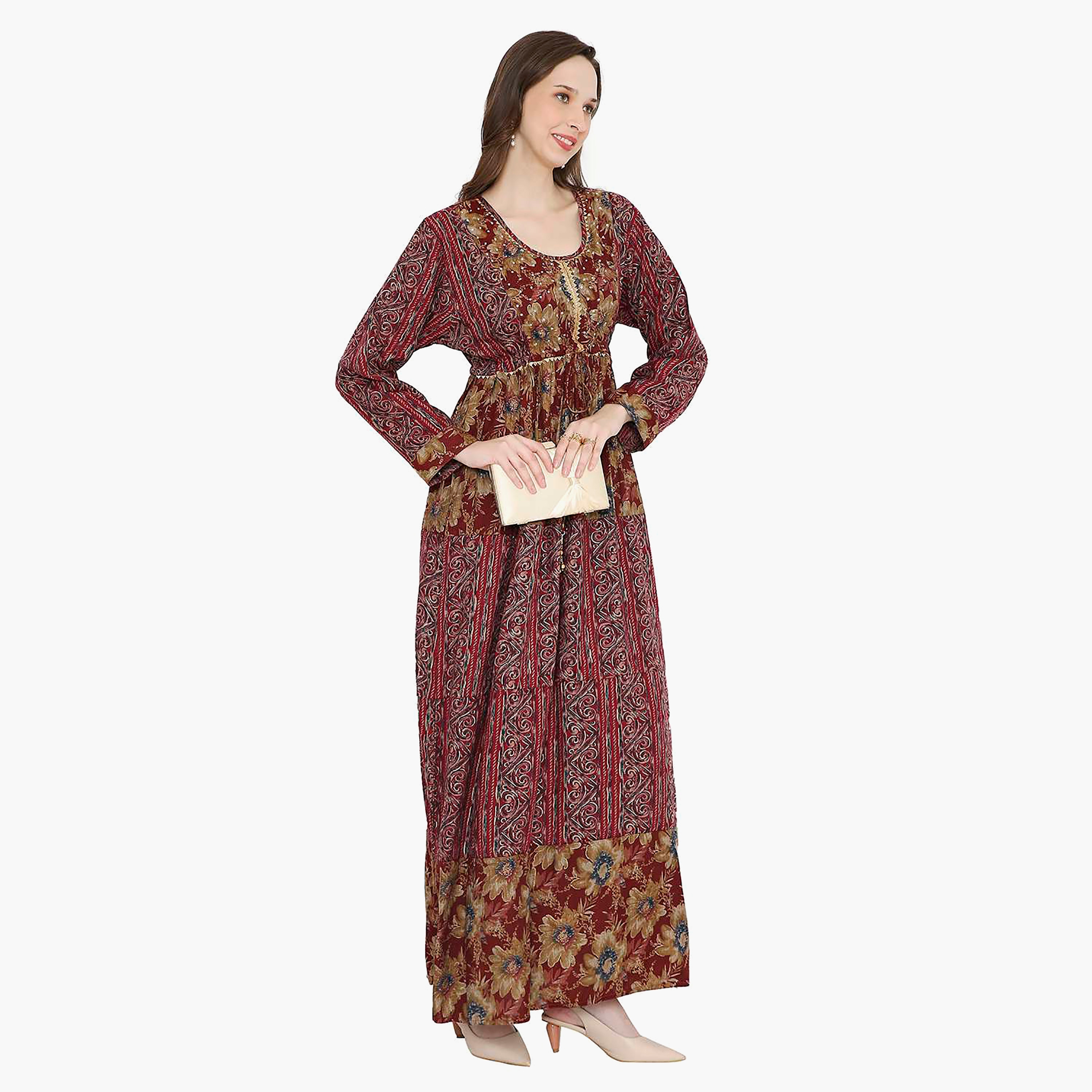 Hana & Sara Printed Scoop Embellished Crystal Knot Neck Detail Women's Mukhawar-women-arabicclothing-jalabiyas-image-8