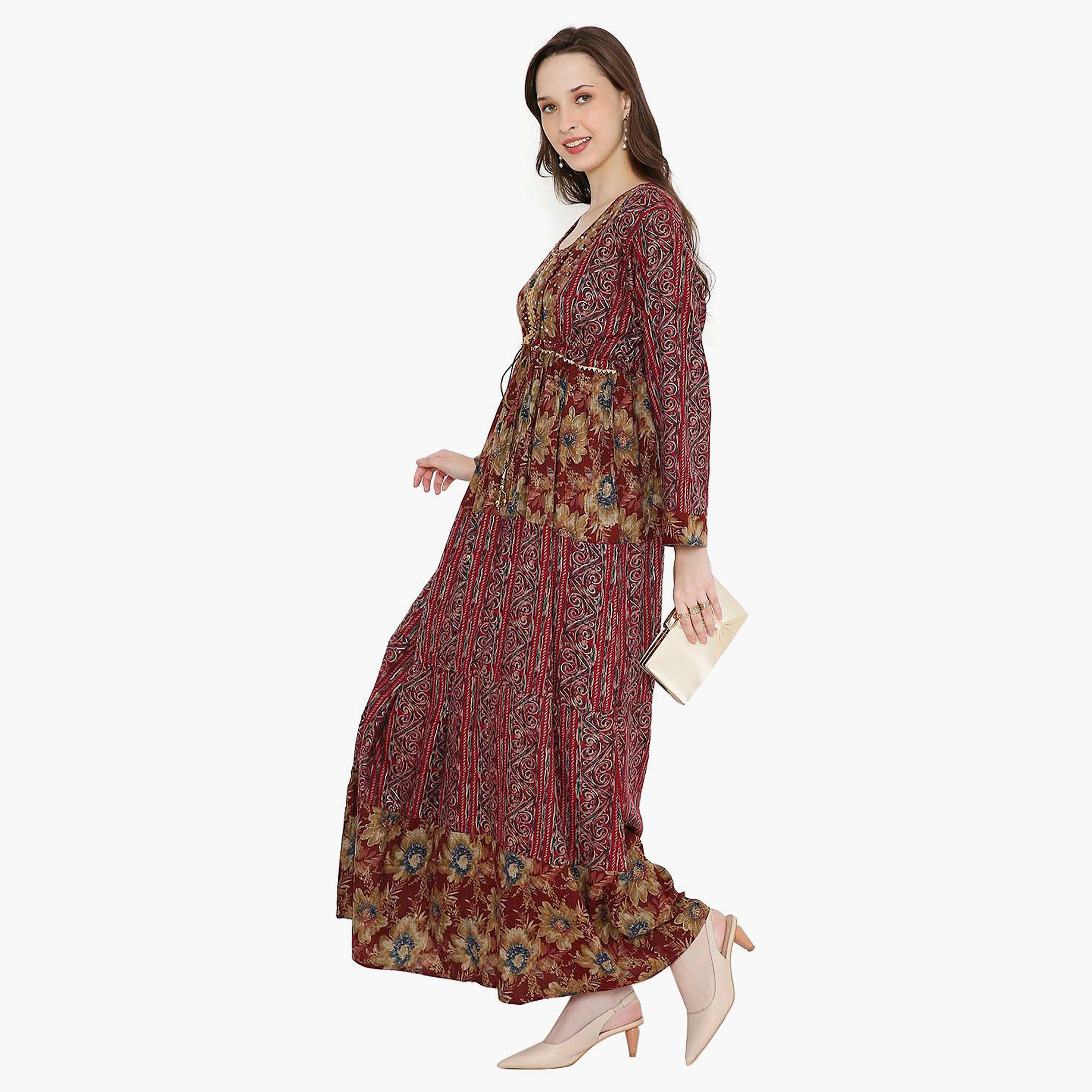 Hana & Sara Printed Scoop Embellished Crystal Knot Neck Detail Women's Mukhawar-women-arabicclothing-jalabiyas-image-9