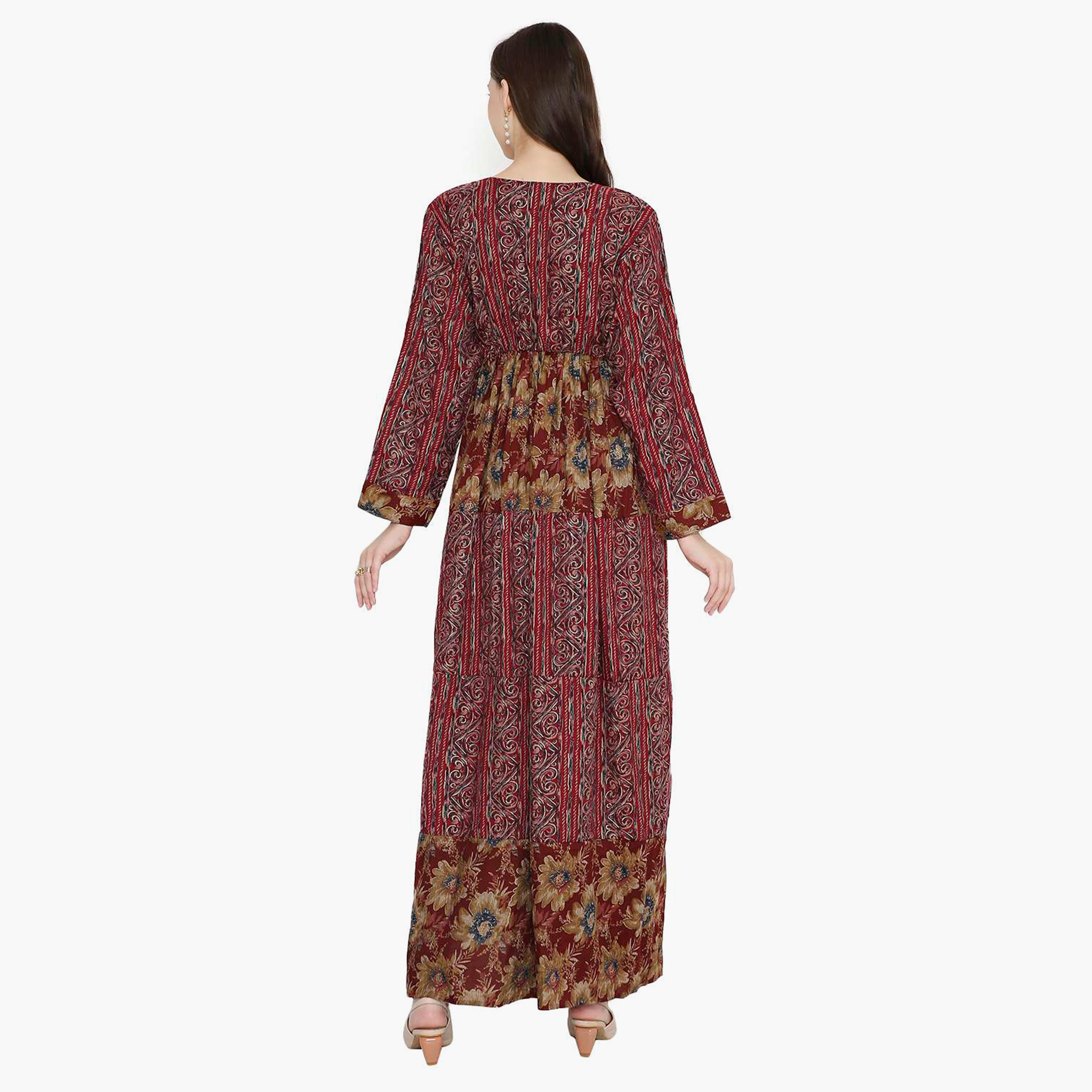 Hana & Sara Printed Scoop Embellished Crystal Knot Neck Detail Women's Mukhawar-women-arabicclothing-jalabiyas-image-10