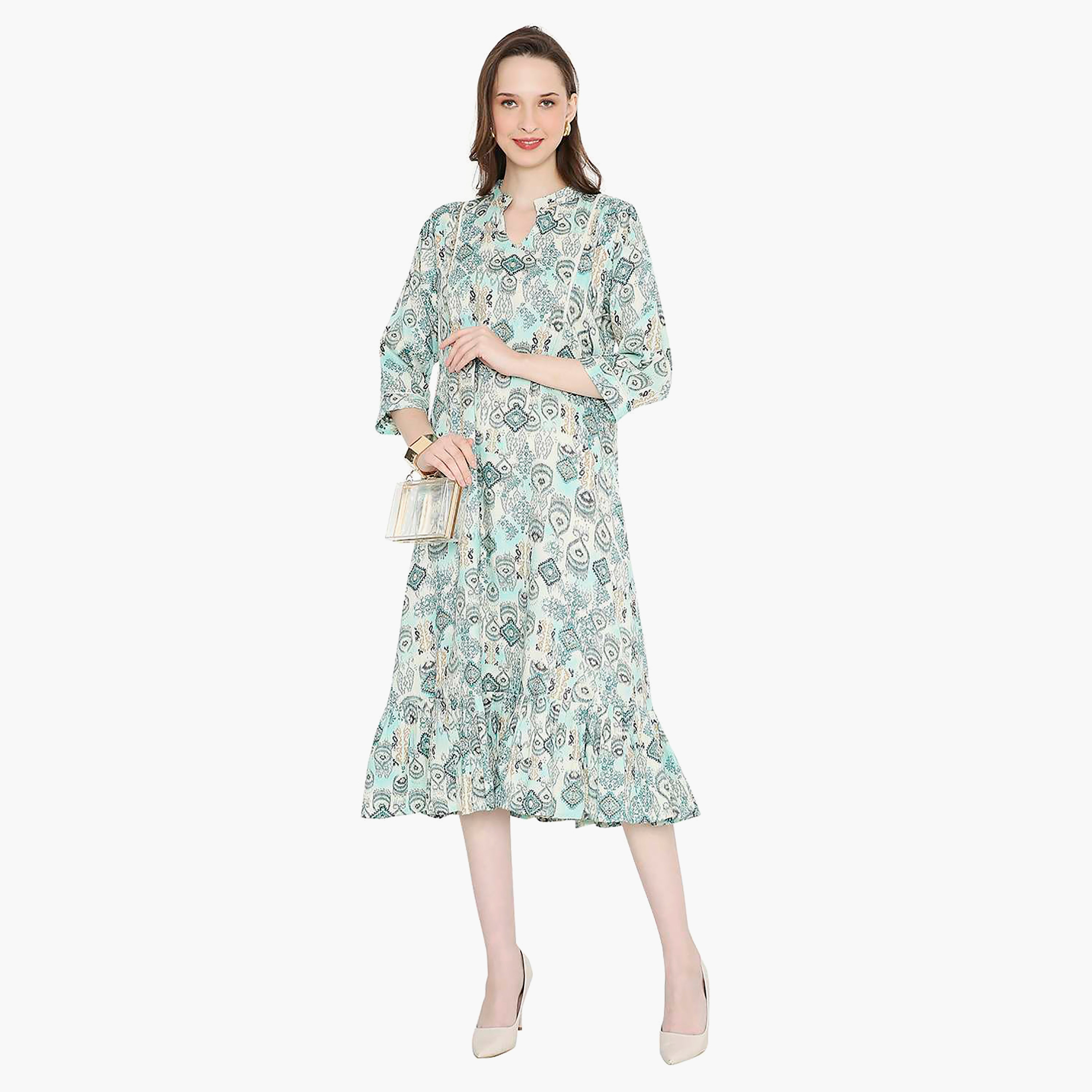 Hana & Sara Printed Collared Neck Midi Length Women's Jalabiya-women-arabicclothing-jalabiyas-image-1