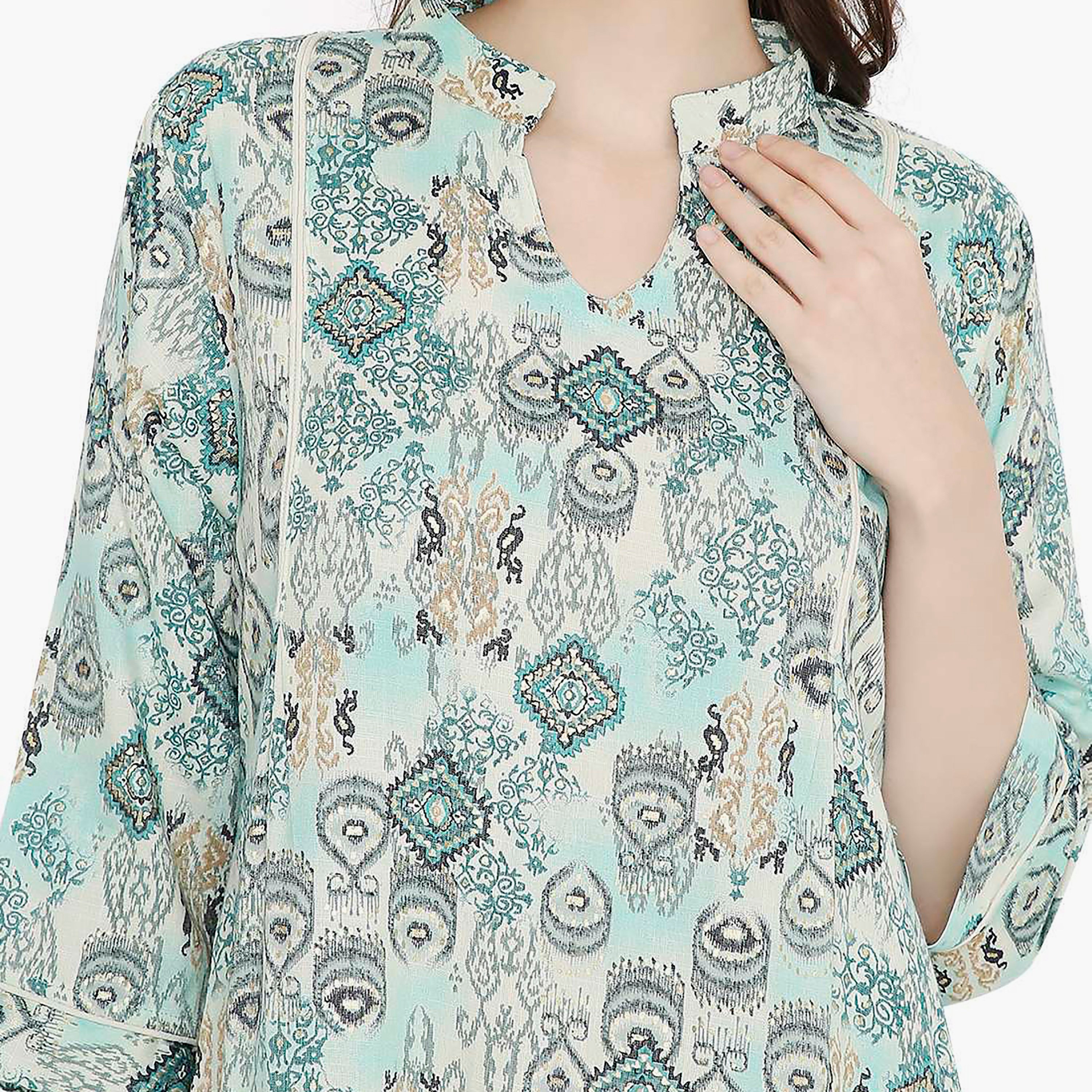 Hana & Sara Printed Collared Neck Midi Length Women's Jalabiya-women-arabicclothing-jalabiyas-image-2