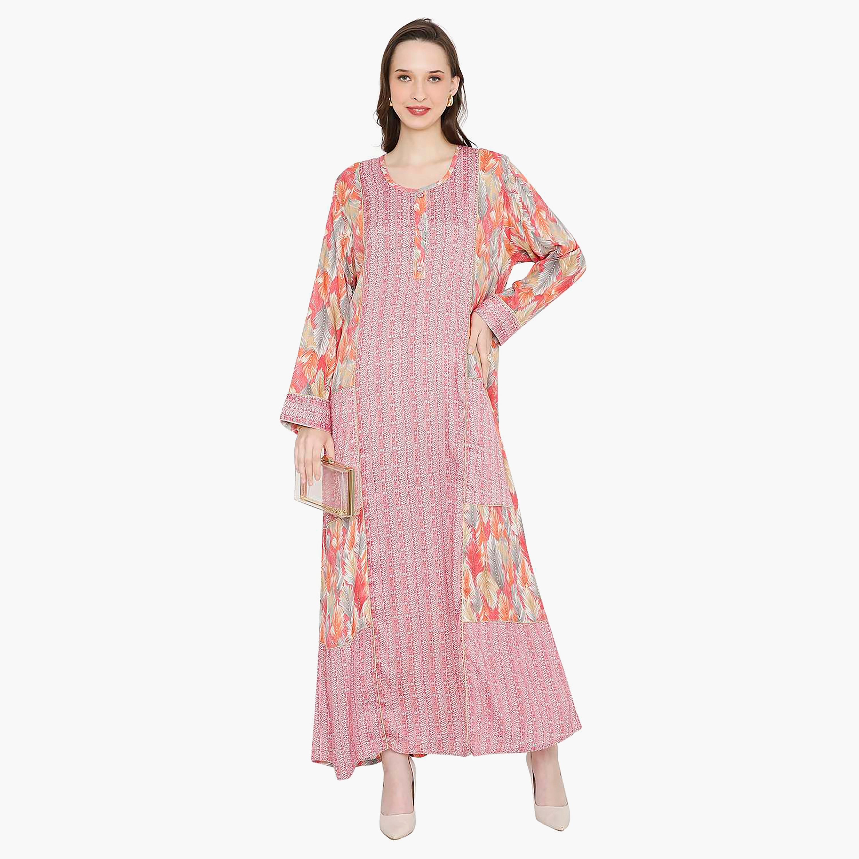 جلابية نسائية بفتحة رقبة دائرية وأزرار من هانا آند سارة-women-arabicclothing-jalabiyas-image-5