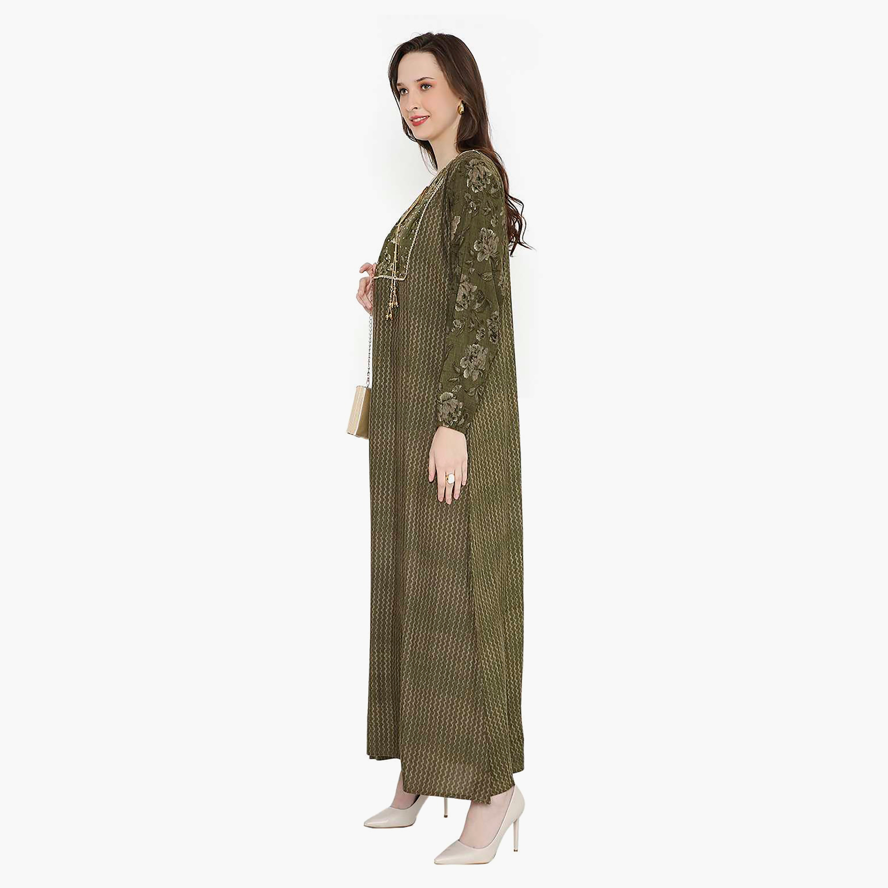 قفطان احتفالي نسائي مطبوع ومزين بأحجار الراين وفتحة رقبة مفتوحة من هانا آند سارة-women-arabicclothing-jalabiyas-image-4